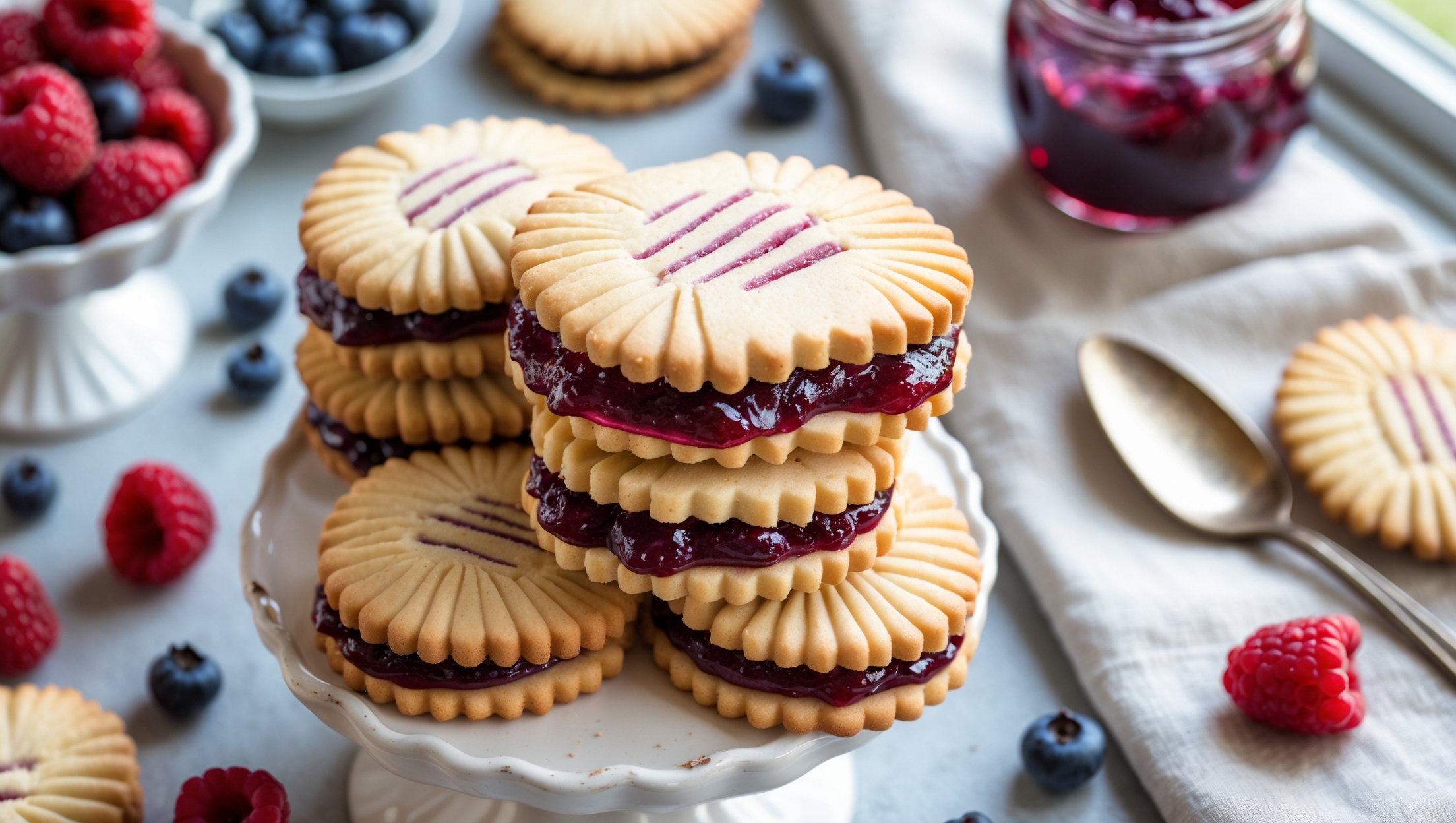 An overhead shot of Berry-Filled Butter Ribbon Sandwich cookies arranged in a casual stack on a white ceramic cake stand, with several cookies placed alongside showing their distinctive striped pattern. Shot in soft natural light streaming through a kitchen window, highlighting the cookies' golden-brown edges and the vivid purple-red berry filling peeking through. A small jar of homemade berry jam sits nearby with a silver spoon resting across its rim. Scattered fresh raspberries and blueberries add bright pops of color against the neutral linen napkin beneath. A cross-section view reveals the perfect layering: two buttery shortbread cookies with their characteristic ribbon pattern pressing against the glossy, jewel-toned filling.