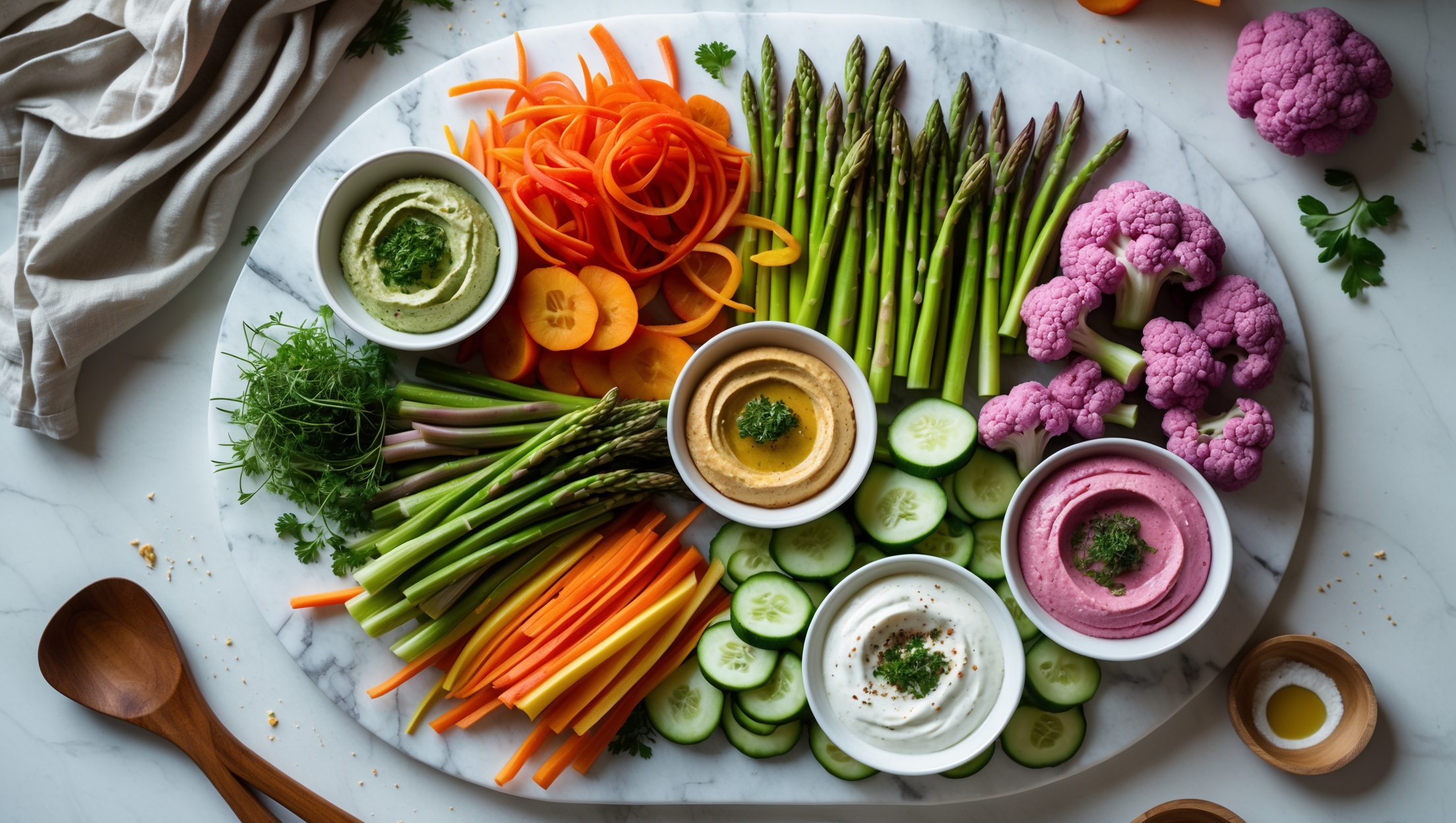 An overhead shot of a stunning crudité platter arranged on a large marble serving board, showcasing a rainbow of perfectly cut vegetables in varied shapes - julienned carrots and bell peppers, cucumber rounds, whole trimmed asparagus spears, and purple cauliflower florets. Three ceramic bowls containing dips in contrasting colors nestle among the vegetables - a vibrant green herb dip, a rich golden hummus, and a pale pink beetroot yogurt dip. The platter is captured in bright, natural daylight that highlights the vegetables' fresh colors and textures, with subtle styling elements including scattered fresh herbs, flaky sea salt, and a drizzle of golden olive oil creating glossy highlights. A linen napkin and wooden serving implements peek into the frame, suggesting a casual yet sophisticated gathering.