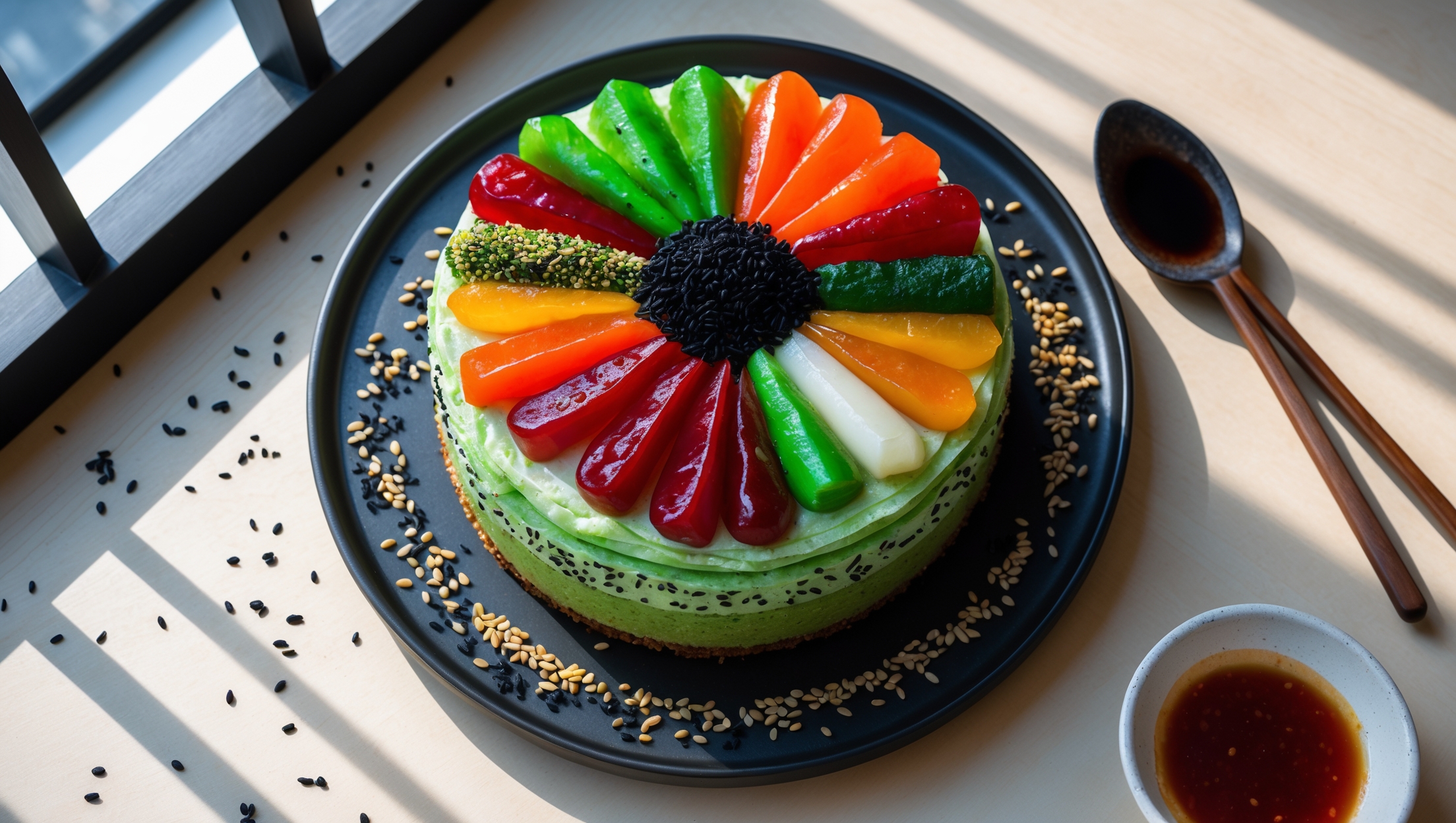 An overhead shot of a striking layered cake styled to mimic traditional bibimbap's vibrant presentation. Natural window light illuminates the cake displayed on a minimalist black ceramic plate against a light wood surface. The cross-section reveals distinct colorful layers: a sesame-speckled sponge base, bright matcha cream, gochujang-infused caramel swirls, and a decorative top featuring candied vegetables arranged in the traditional bibimbap pattern. Scattered black sesame seeds and crispy rice pearls add texture around the plate's edges, while a traditional Korean ceramic spoon rests alongside, filled with more of the sweet gochujang sauce for drizzling.