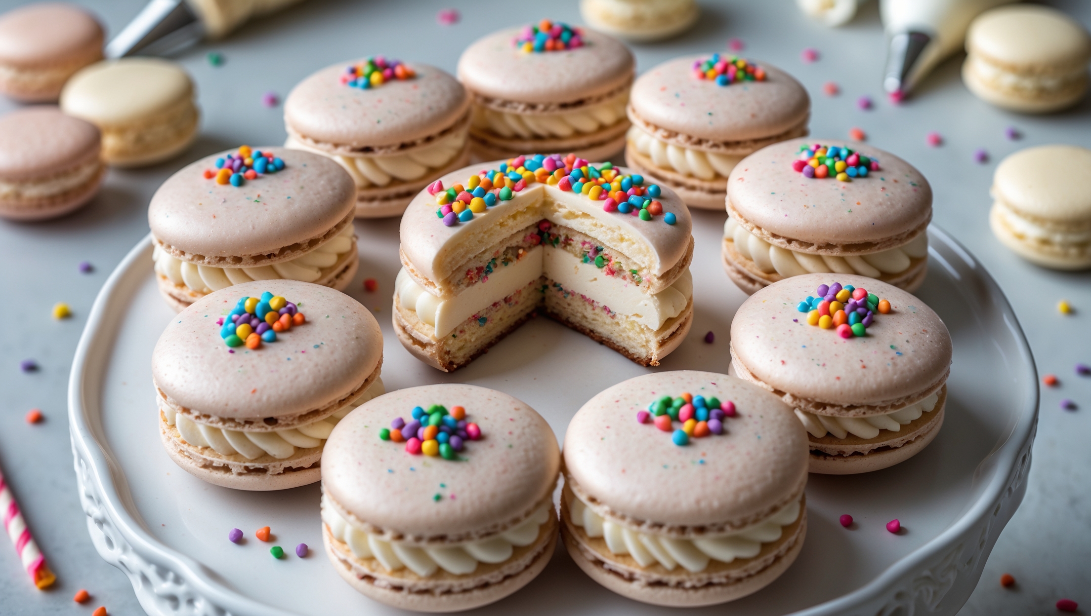 An overhead shot of perfectly formed Birthday Cake Macarons arranged in a circular pattern on a white porcelain cake stand. The macaron shells display a subtle rainbow speckle effect against their creamy white base, with colorful sprinkles adorning their tops. A cross-section view reveals the generous vanilla buttercream filling studded with rainbow sprinkles. The soft natural light creates delicate shadows highlighting the macarons' smooth domed tops and distinctive feet. In the background, unfocused glimpses of scattered sprinkles, a piping bag, and a small cake with candles provide context to the birthday theme, while the macarons themselves showcase their perfect texture – crisp exterior shells giving way to chewy interiors with the creamy filling visible between pairs.