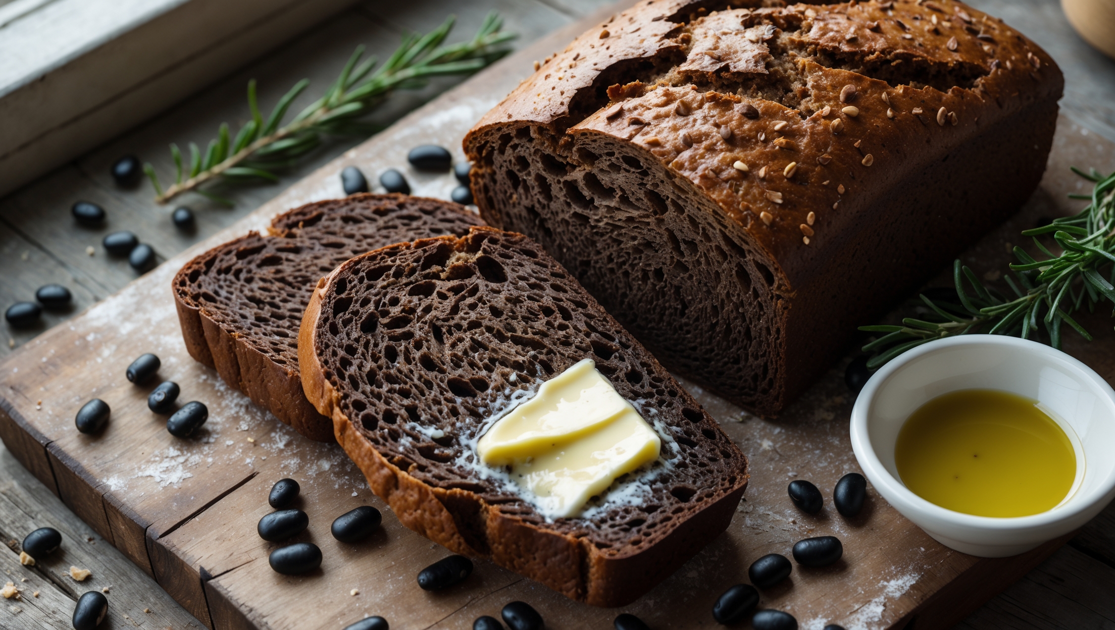 A rustic overhead shot of a freshly sliced loaf of black bean flour bread on a weathered wooden cutting board, showcasing its distinctive dark crumb with tiny visible air pockets. The cross-section reveals a dense yet moist interior with a caramelized crust that glistens slightly in the soft natural light streaming from a nearby window. Surrounding the bread are scattered black beans, sprigs of fresh rosemary, and a small ramekin of golden olive oil for dipping. A slice in the foreground displays the bread's hearty texture with a smear of salted butter slowly melting into its warm surface, highlighting the bread's artisanal, nutrient-rich character.