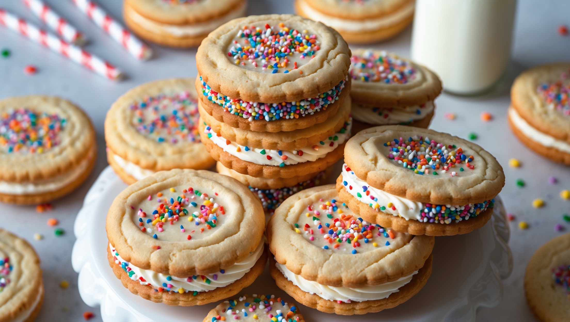 An overhead shot of birthday cake sandwich cookies arranged in a spiral pattern on a white ceramic cake stand, with several cookies stacked to reveal their sprinkle-studded cream filling. Soft natural light highlights the golden edges of the cookies and the multicolored rainbow sprinkles both inside and adorning the tops. A few cookies are broken in half to showcase the generous layer of vanilla frosting studded with confetti sprinkles. In the background, a small glass bottle of milk with a striped paper straw and a scattered array of additional sprinkles add festive context, while the warm, slightly crumbly texture of the cookies contrasts beautifully with the smooth, creamy filling.