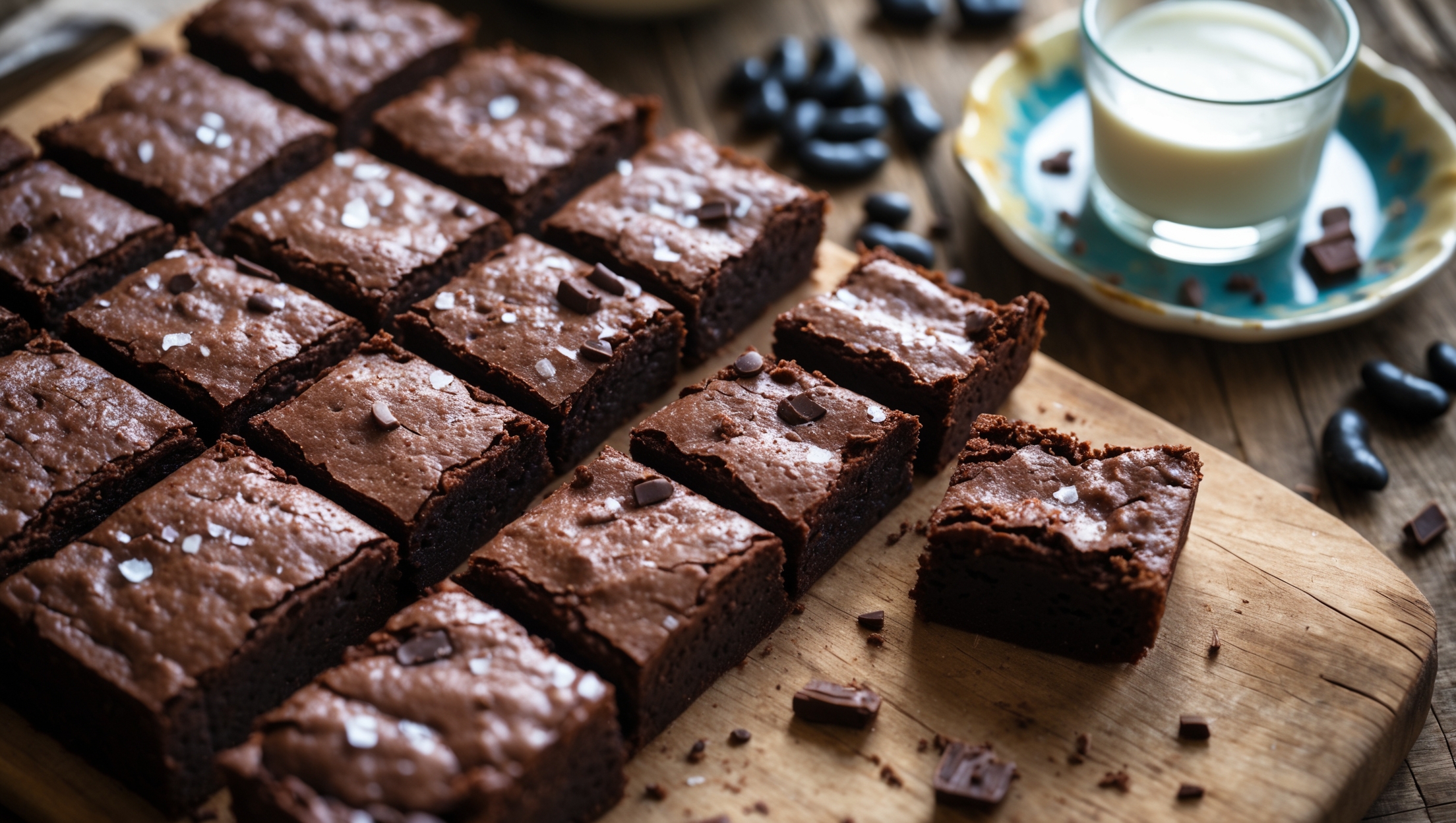 An overhead shot of freshly baked black bean brownies cut into perfect squares, revealing their fudgy interior against a rustic wooden board. Soft natural light accentuates the glossy, crackly top surface that contrasts with the dense, moist center visible in a partially lifted piece. A light dusting of cocoa powder adds depth while scattered cacao nibs and sea salt flakes provide texture. In the background, a vintage ceramic plate holds additional brownies beside a small glass of milk, with a few whole black beans artfully placed nearby as a subtle hint to the secret ingredient that makes these brownies uniquely nutritious yet decadently chocolate-forward.