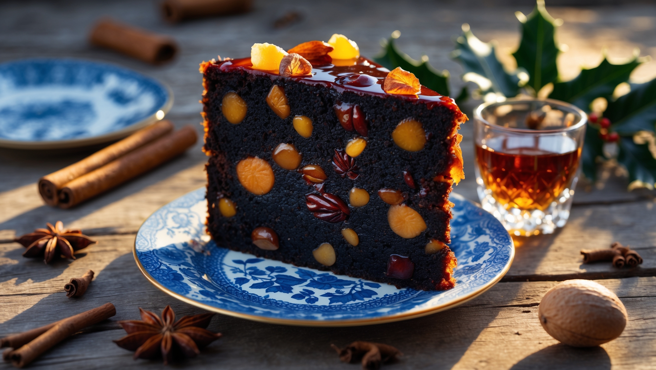 A cross-section slice of dark, luxurious Black Caribbean fruitcake rests on vintage blue china, revealing its treasure trove of plump, glistening rum-soaked fruits and nuts against the deep mahogany crumb. Golden afternoon light catches the cake's slightly sticky surface, highlighting its characteristic glossy sheen from multiple rum soakings. The surrounding tableau features scattered whole spices—cinnamon sticks, star anise, and cloves—alongside fresh nutmeg and a small crystal glass of aged rum that echoes the cake's rich amber highlights. Sprigs of holly add a festive touch to this traditional celebration cake, while the wooden background provides rustic warmth that emphasizes the cake's homemade, heritage appeal.