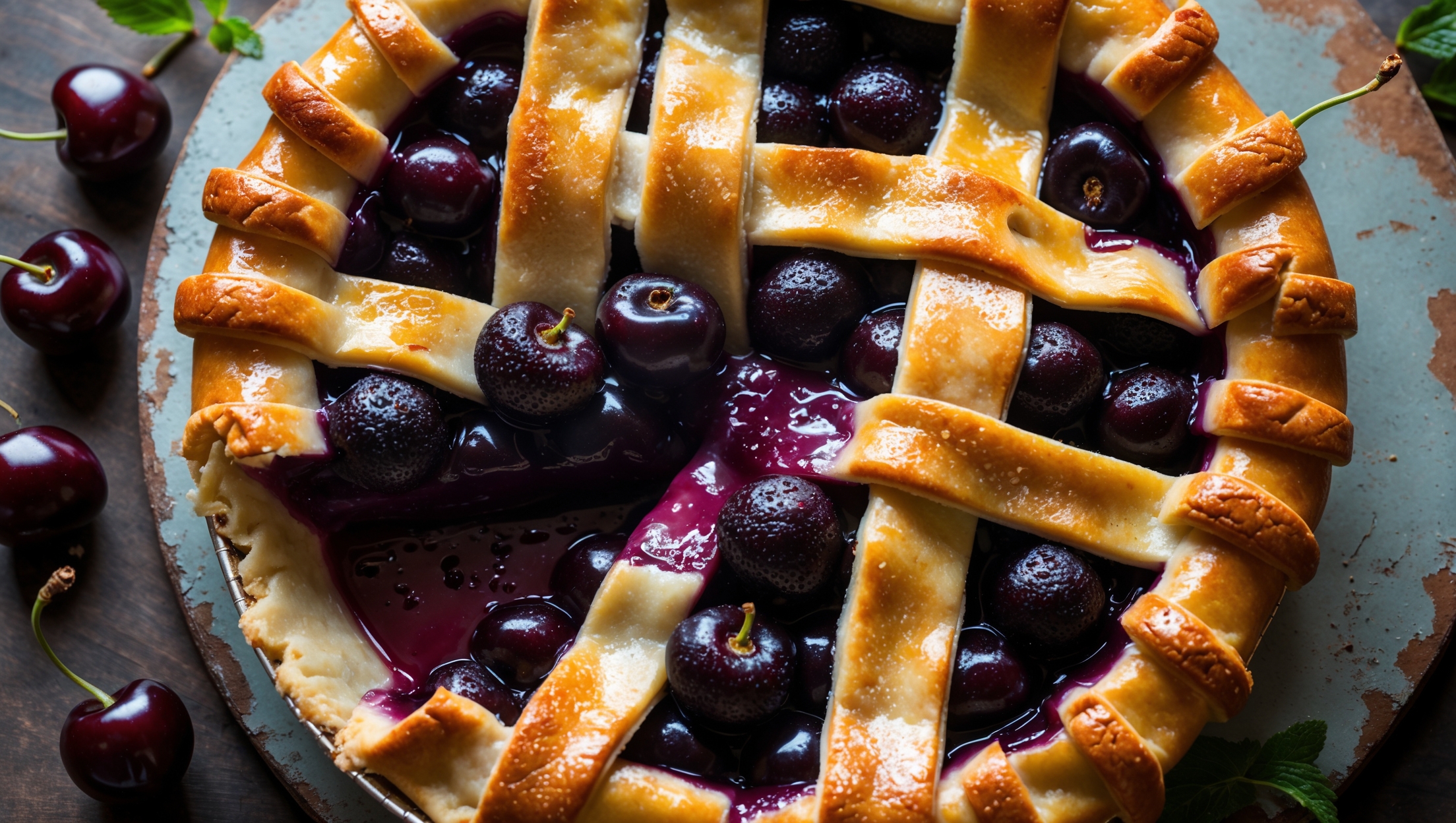 An overhead shot of a golden-brown Black Cherry Pie with a lattice top, where deep purple-black cherry filling bubbles through the gaps, creating an enticing contrast. The crust has a perfect sheen from egg wash and a light dusting of sparkling sugar. A slice has been removed, revealing the rich, jewel-toned cherry filling that holds its shape without being runny. The pie rests on a weathered wooden board with fresh black cherries and a sprig of mint scattered artfully around, while soft natural light accentuates the crimped edges of the pastry and the glossy, slightly caramelized fruit filling.