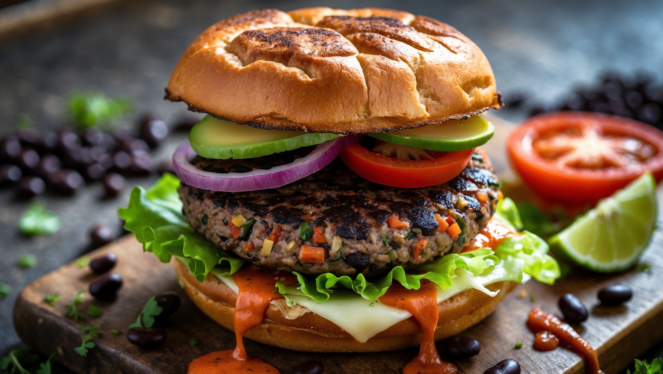 An overhead shot captures a perfectly browned black bean burger stacked on a toasted brioche bun, revealing its hearty texture and specks of colorful vegetables throughout the patty. Soft natural light highlights the crisp exterior while showcasing layers of fresh toppings—crisp lettuce, sliced tomato, red onion rings, and avocado—with melted cheese just beginning to drape over the edges. A dollop of sriracha mayo creates visual contrast against the dark patty, while scattered ingredients (black beans, fresh herbs, lime wedge) surround the burger on a rustic wooden board, emphasizing its homemade quality and wholesome ingredients.