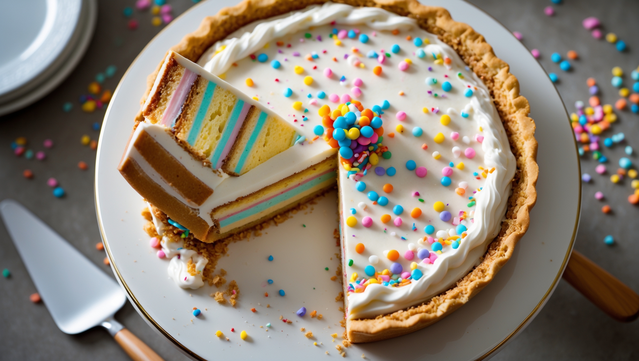 An overhead shot of the Birthday Cake Cream Pie showcasing its festive appearance with vibrant rainbow sprinkles dotting the creamy surface. A slice has been removed, revealing distinct layers of golden cake and pastel-colored cream filling against the honey-brown crust. Natural light streams across the dessert, highlighting the smooth texture of the cream and the soft, moist crumb of the cake layer. The pie rests on a white ceramic cake stand adorned with a thin gold rim, while scattered rainbow sprinkles and a small cake server with a wooden handle create an inviting, celebratory composition.