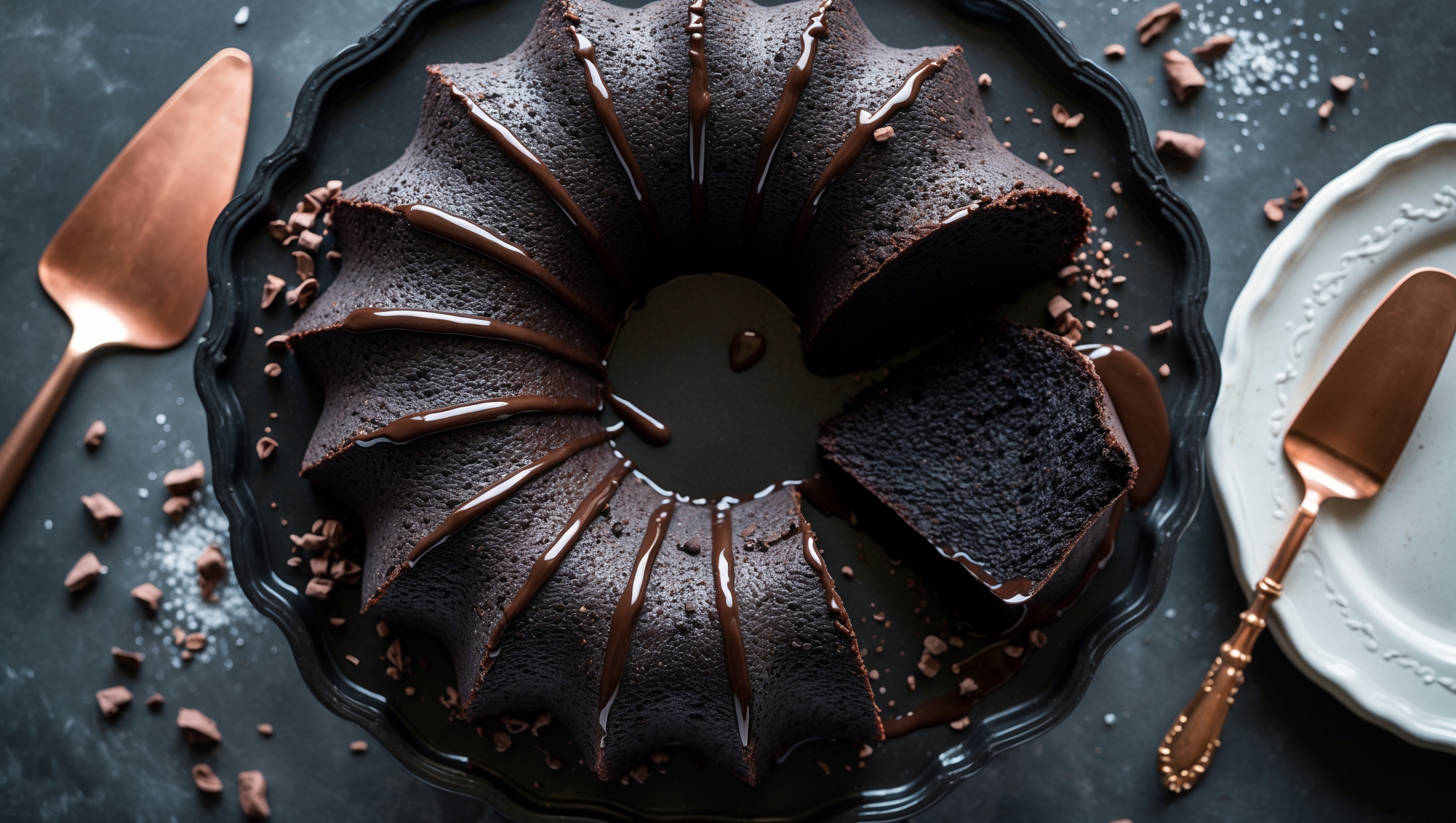 An overhead shot captures this dramatic Black Cocoa Bundt Cake on a vintage black cast iron cake stand, showcasing its perfect fluted edges and deep obsidian-colored crumb. Soft natural light highlights the glossy chocolate ganache cascading down the cake's ridges, pooling delicately at the base. A cross-section reveals the cake's incredibly moist, tender crumb contrasting beautifully with the midnight-black exterior. Scattered cocoa nibs and a light dusting of powdered sugar create texture against the dark surface, while a copper cake server rests nearby. The composition is completed with a white ceramic plate holding a single slice, exposing the cake's remarkably black interior against the bright white plate.