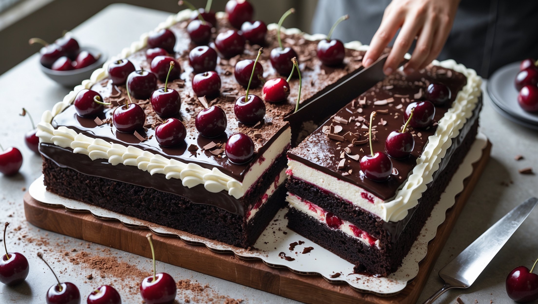 An overhead shot of the rectangular Black Forest Sheet Cake showcases its glossy chocolate ganache topping dotted with plump, glistening cherries and delicate chocolate shavings. A cross-section view reveals three distinct layers—moist chocolate cake, ruby-red cherry filling, and pillowy whipped cream—beautifully contrasting against a white ceramic platter. Soft natural light highlights the cake's moist crumb and the deep burgundy cherry juice that occasionally drips down the sides. Scattered fresh cherries with stems and cocoa powder dusting the wooden serving board add rustic elegance, while a cake server poised to cut a perfect slice suggests the imminent pleasure of tasting.