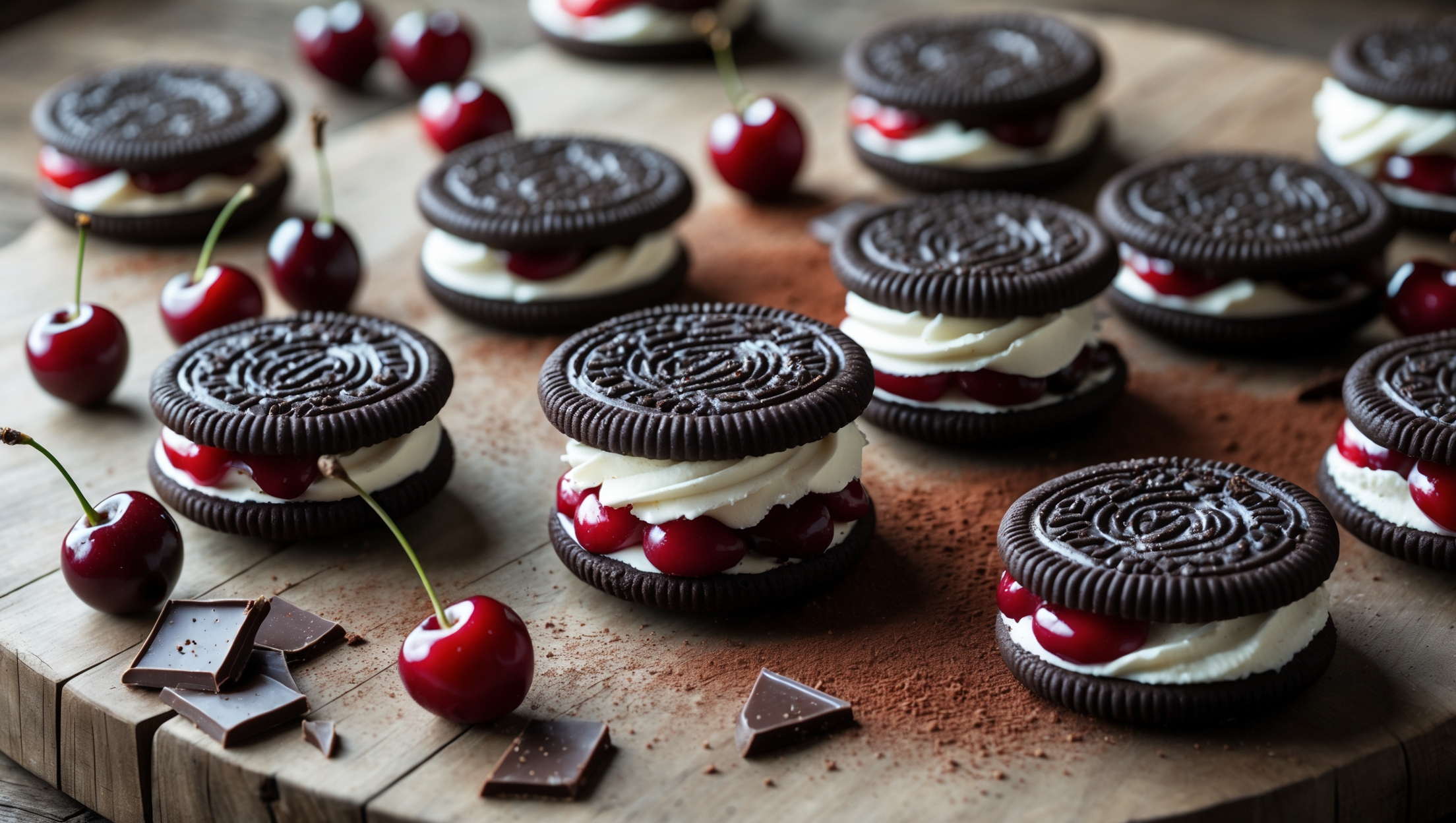 An overhead shot captures a rustic wooden board scattered with Black Forest sandwich cookies, some whole and others broken to reveal their cherry filling and cream layers. Soft natural light accentuates the deep cocoa color of the cookies against the vibrant red cherry filling and cloud-white whipped cream. In the background, fresh cherries with stems attached and small chocolate shavings are artfully scattered. A close-up reveals the slight sheen on the chocolate cookies and the delicate piping of cream that peeks from between the sandwich layers, with a dusting of cocoa powder adding a professional finishing touch.