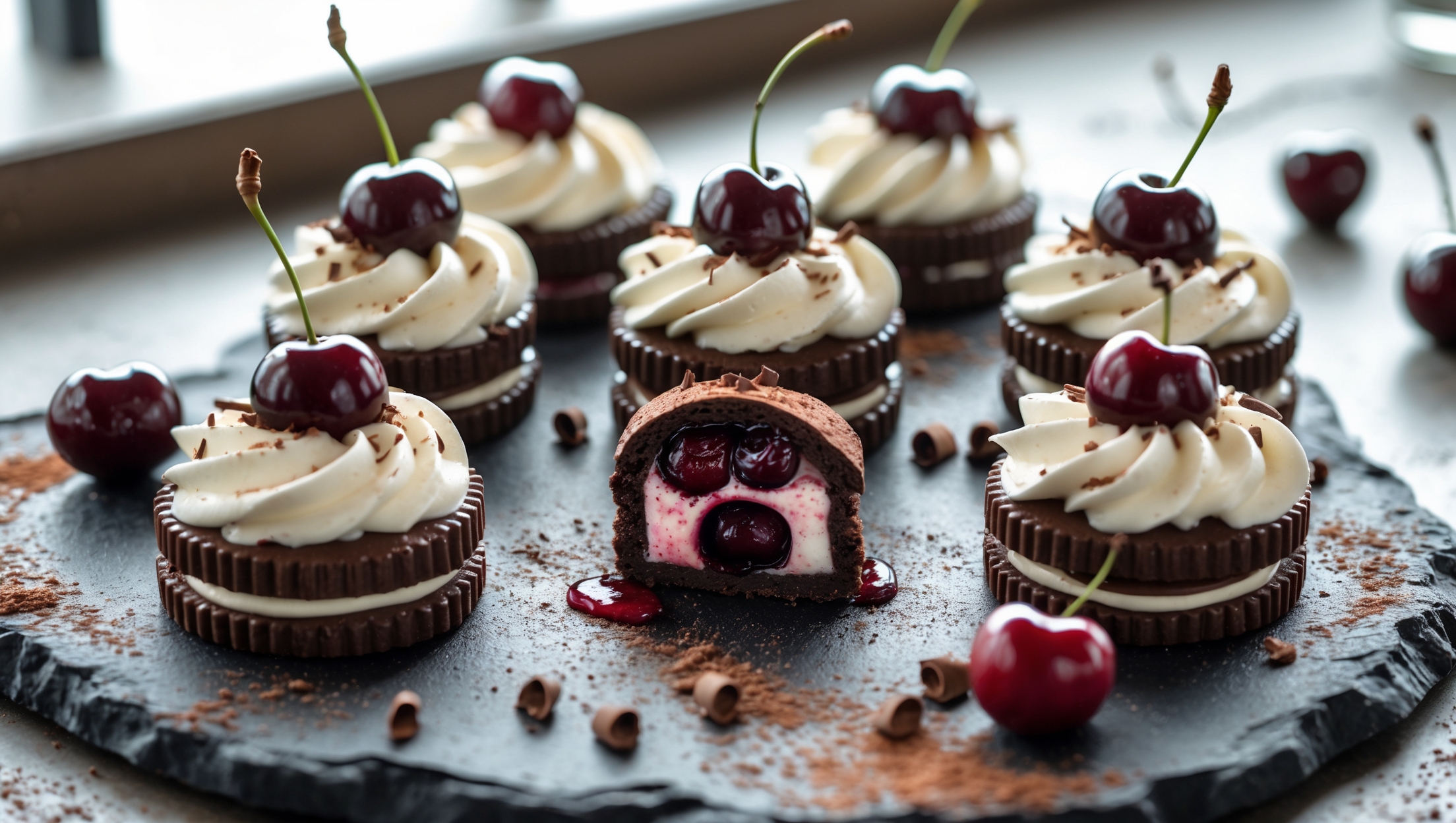 An overhead shot of six individual Black Forest pastries arranged on a rustic slate serving board, each displaying perfect layers of chocolate pastry, cherry filling, and piped rosettes of whipped cream. A cross-section of one pastry reveals the glossy burgundy cherry compote nestled within the dark chocolate pastry case. Natural window light highlights the glistening cherries and delicate chocolate curls scattered across the cream. In the background, a small glass of Kirsch and a scatter of fresh cherries with stems attached create context, while a light dusting of cocoa powder across the scene adds depth and contrast to the rich red cherries and stark white cream.