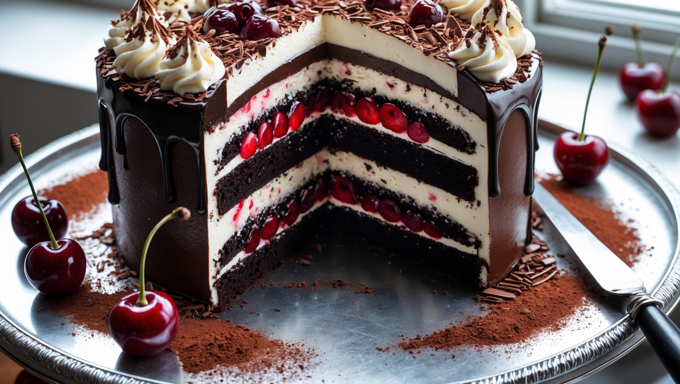 An overhead shot of a stunning three-layer Black Forest cake on an elegant silver cake stand, with dark chocolate layers visible through the cream. The cross-section reveals moist chocolate sponge layers interspersed with vibrant red cherry filling and pillowy whipped cream. Natural window light highlights the glossy chocolate ganache dripping down the sides and the chocolate shavings that crown the top. Fresh cherries with stems attached are strategically placed around the cake, some with glistening syrup. The composition includes scattered cocoa powder and a vintage silver cake server positioned nearby, ready to slice into this classic German dessert.