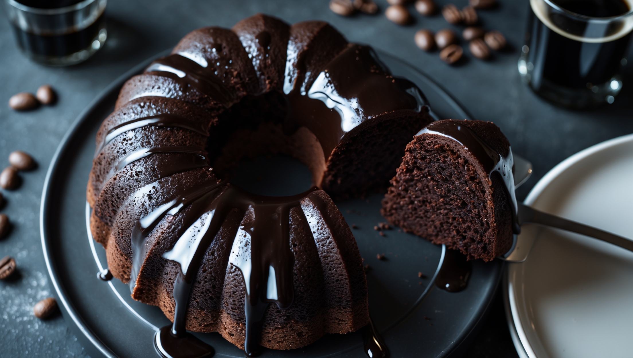 An overhead shot of a deeply dark chocolate bundt cake with a glossy Black Russian glaze cascading down its ridges, captured in moody lighting that highlights the cake's moist, velvety texture. A close-up reveals the cake's tender crumb speckled with tiny flecks of espresso. The cake sits on a matte black ceramic cake stand, with a single slice removed to showcase the cake's interior richness. A small glass of the Black Russian cocktail sits alongside, emphasizing the recipe's inspiration, while coffee beans and vodka bottle edges are artfully arranged in the background, slightly blurred. The contrast between the dark cake and white plate creates dramatic visual tension.