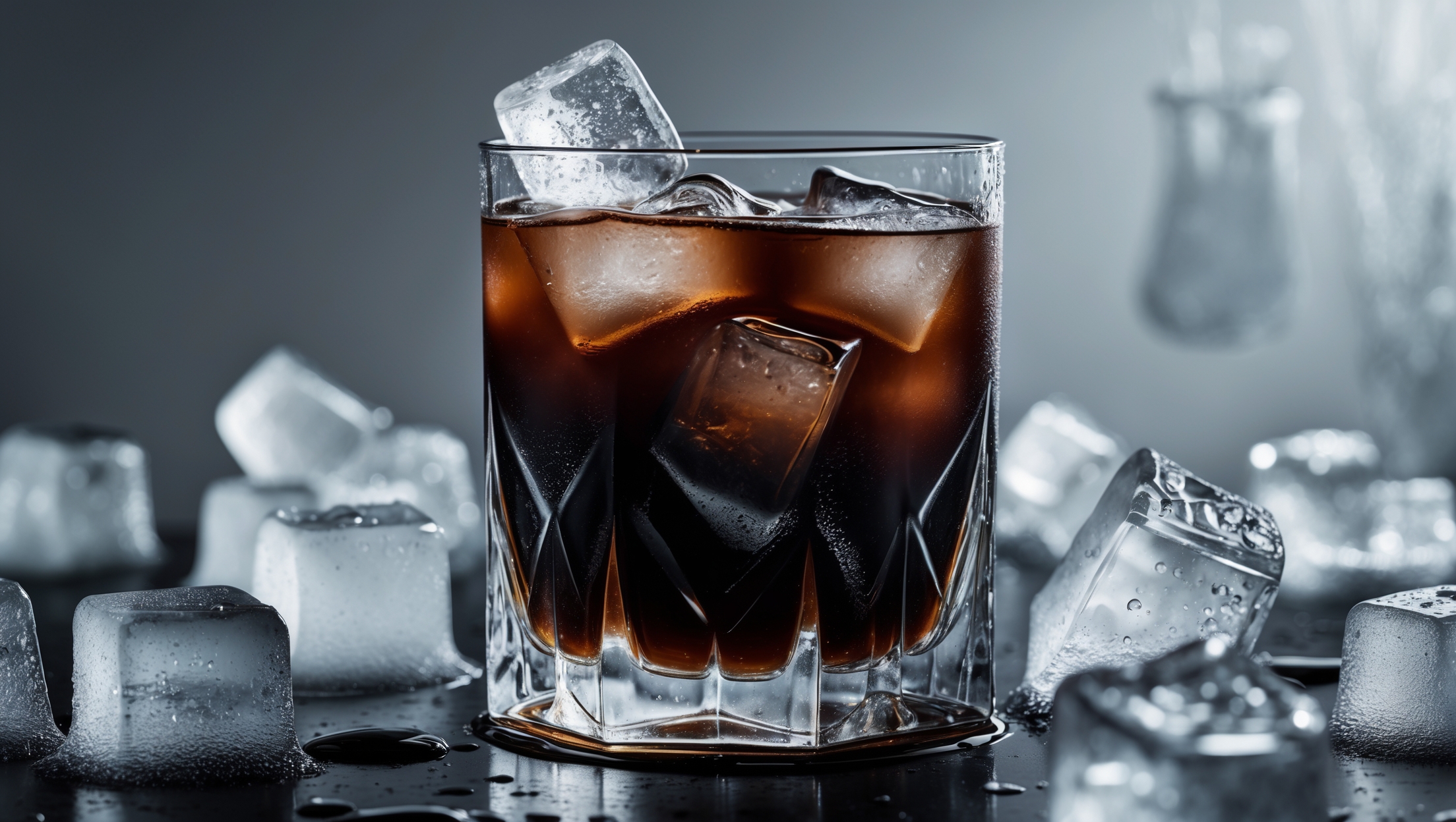 A Black Russian photographed in low, moody bar lighting emphasizing the glossy darkness of the cocktail against crystal-clear ice. The drink sits in a weighty rocks glass with sharp facets that catch light dramatically. Droplets of condensation cling to the outside of the glass, suggesting refreshing coldness. The deep umber-black liquid contrasts with the pristine white background, while light reflects off the surface of the drink revealing subtle mahogany undertones. A close-up angle captures the perfect pour of premium vodka cascading over perfectly clear ice cubes.