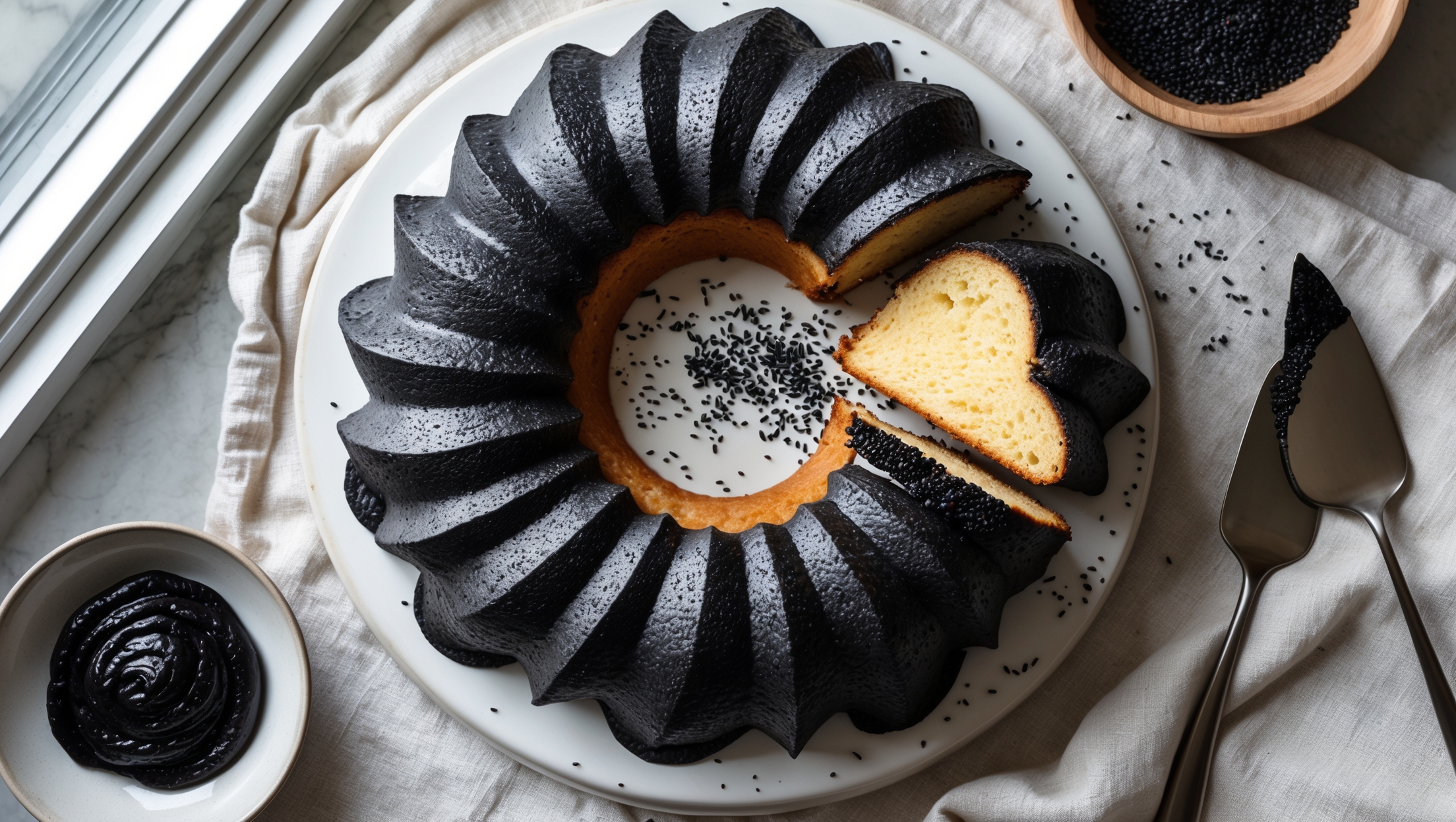 An elegant overhead shot of a black sesame bundt cake on a white ceramic cake stand against a neutral linen backdrop. Natural light streams in from a side window, highlighting the cake's dramatic contrast between light golden crumb and dark black sesame swirls. A cross-section piece has been cut, revealing the cake's moist, tender interior with beautiful marbling. The tahini glaze cascades down the ridges of the bundt pattern, pooling slightly on the plate. Scattered black and white sesame seeds decorate the surface, while a small bowl of black sesame paste sits nearby, displaying the key ingredient. The composition captures both the architectural beauty of the bundt pattern and the sophisticated gray-black tones of the sesame throughout the cake.