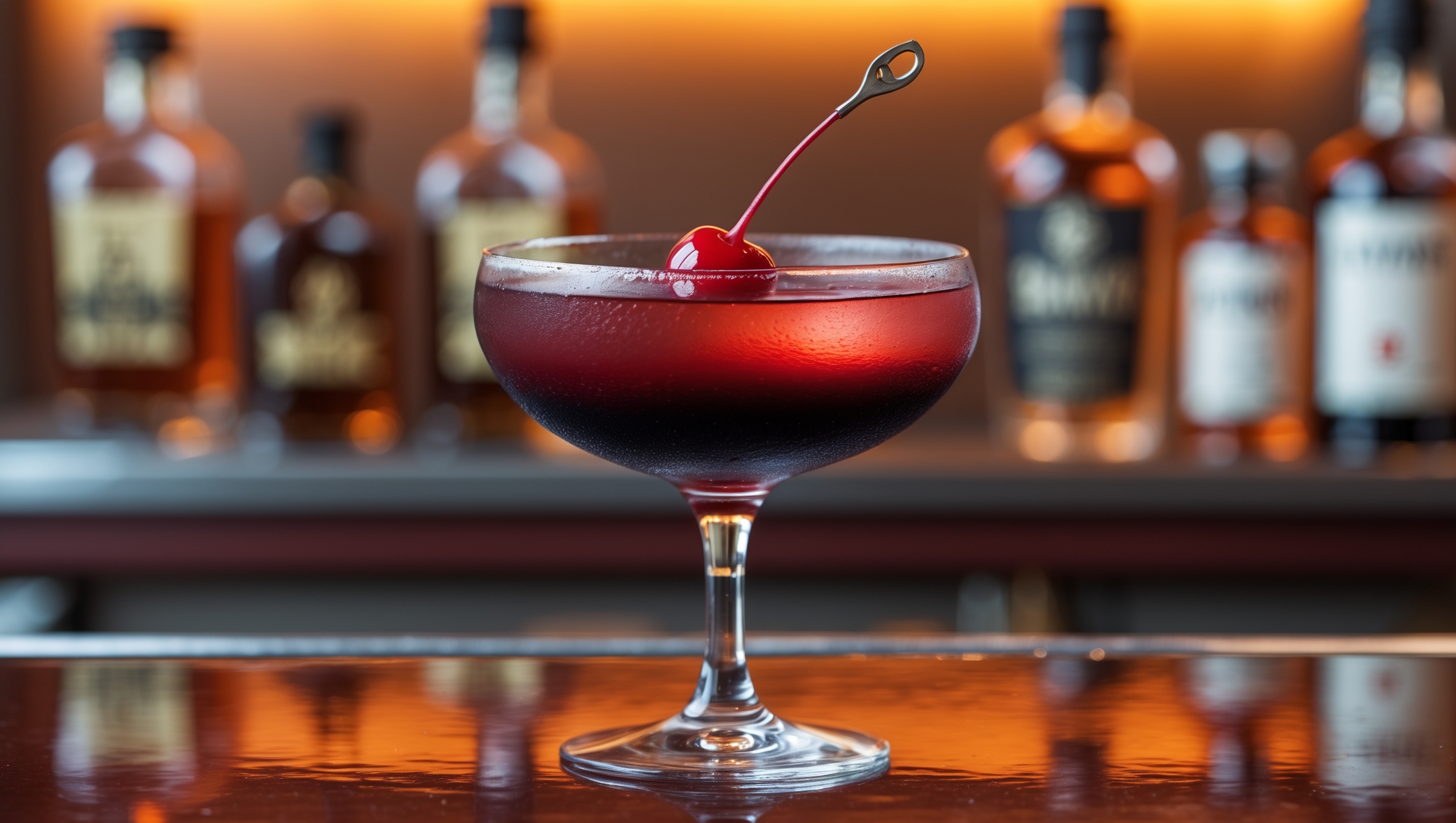 An elegant coupe glass sits on a polished mahogany bar under warm, amber-toned lighting. Inside, the Black Manhattan gleams with deep garnet-brown hues that transition to ruby red where light catches the edge. A pristine Luxardo cherry, suspended on a sleek cocktail pick, hovers just above the drink's mirror-like surface. Condensation forms subtly on the outside of the glass, suggesting the perfectly chilled temperature. The background features blurred bottles of premium rye whiskey and amaro, while aromatic bitters bottles sit nearby, hinting at the cocktail's complex flavor profile.