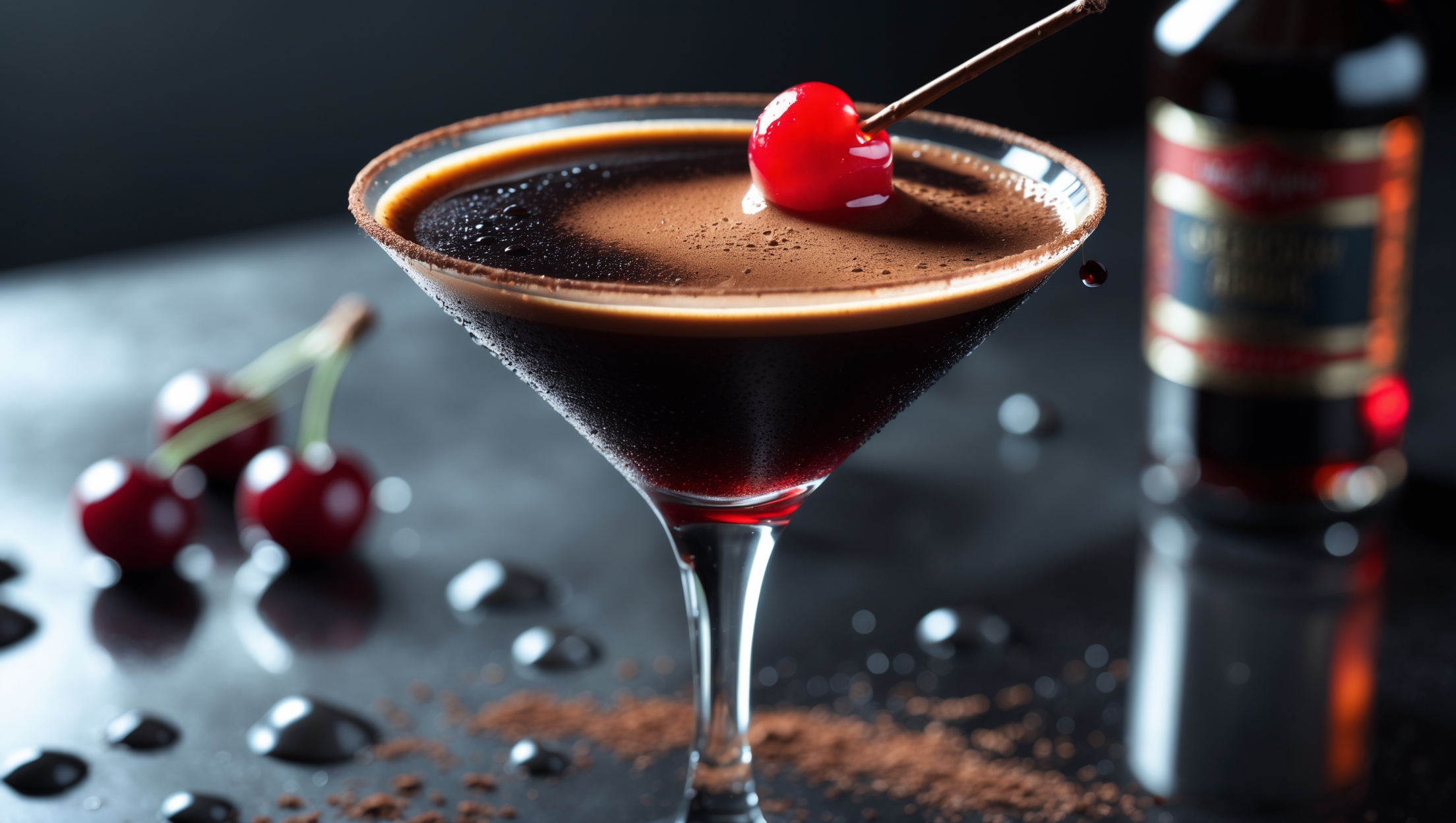 An elegant martini glass filled with a dark, glossy espresso cocktail, topped with a perfect layer of silky crema. The deep brown-black liquid catches the light with subtle crimson undertones. A single maraschino cherry speared with a thin chocolate stick rests on the rim, while cocoa powder dusts one side of the glass surface. Shot in moody, atmospheric bar lighting that creates dramatic shadows, emphasizing the luxurious texture of the cocktail. Droplets of condensation bead on the chilled glass, suggesting the perfect temperature. A bottle of cherry liqueur and chocolate bitters sit blurred in the background, hinting at the complex flavors within.