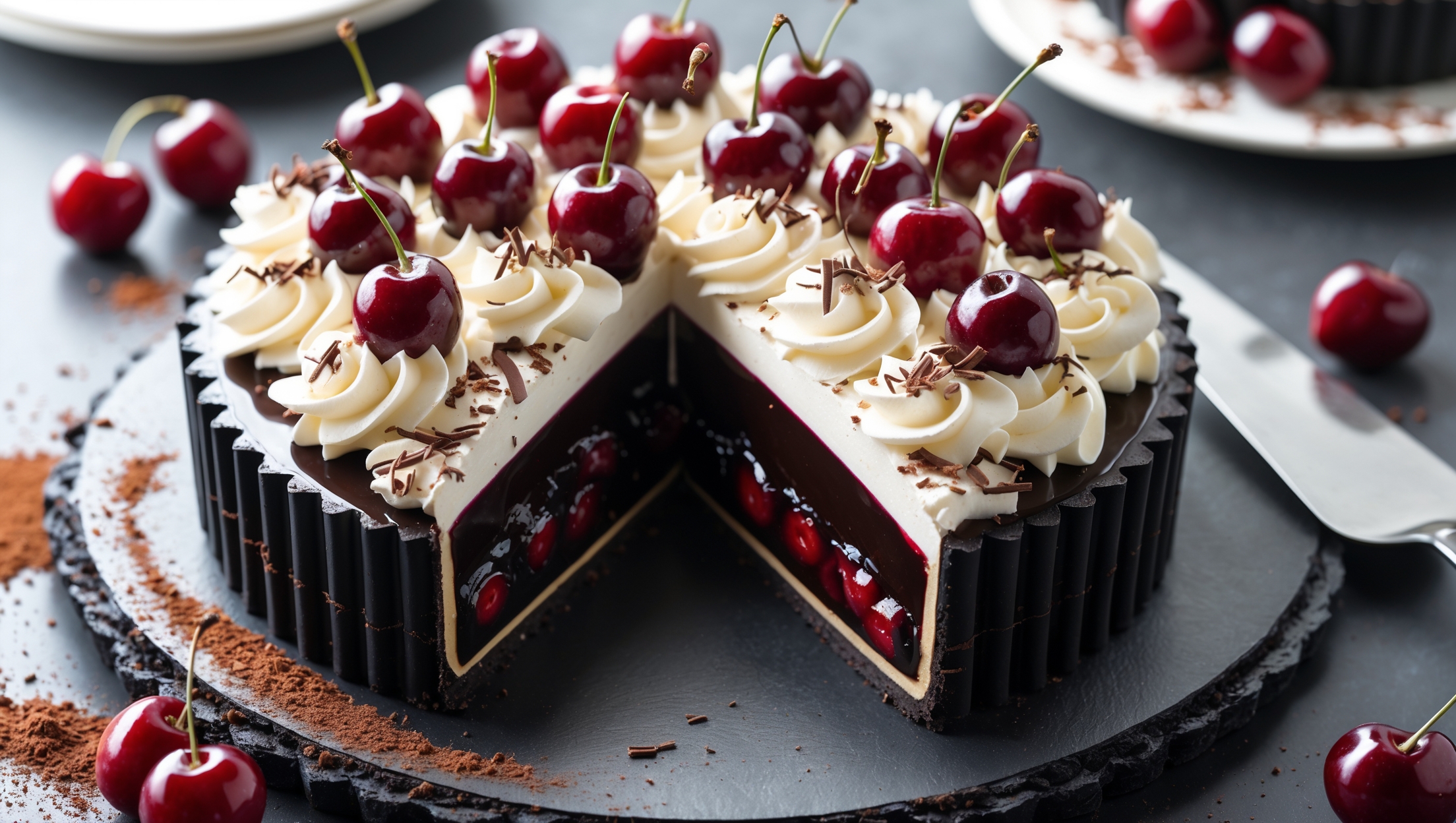 An overhead shot of a glossy Black Forest Tart with a perfectly crimped chocolate crust, showcasing a cross-section revealing layers of dark chocolate ganache and vibrant cherry compote. The top features elegant piped rosettes of whipped cream adorned with fresh cherries and delicate chocolate shavings. Captured in soft natural light on a slate serving board, with a scattering of cocoa powder and fresh cherries surrounding the tart, highlighting the contrast between the dark chocolate elements and bright red fruit. A silver cake server rests nearby, revealing a clean-cut slice that displays all the beautiful layers.