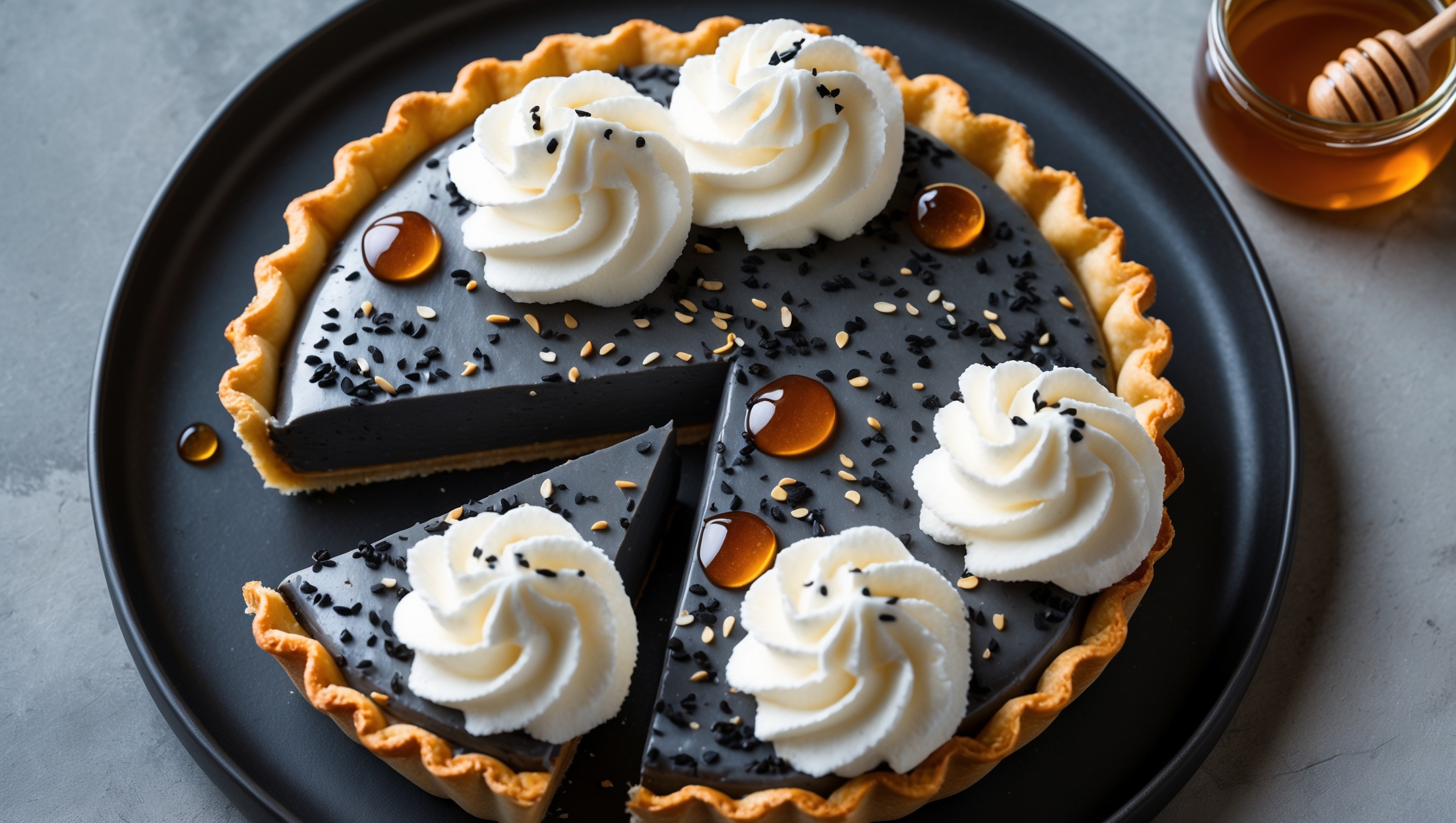 An overhead shot captures this elegant Black Sesame Cream Pie with its striking charcoal-gray filling contrasting against dollops of ivory whipped cream. A cross-section view reveals the perfect layers: crisp golden pastry, silky black sesame custard, and cloud-like cream topping. Soft natural light accentuates the pie's glossy surface while highlighting the scattering of toasted black sesame seeds and drizzles of amber honey across the top. The pie sits on a matte black ceramic plate alongside a small jar of honey with a wooden dipper, creating a sophisticated composition that emphasizes the dessert's Asian-inspired flavor profile and artisanal quality.