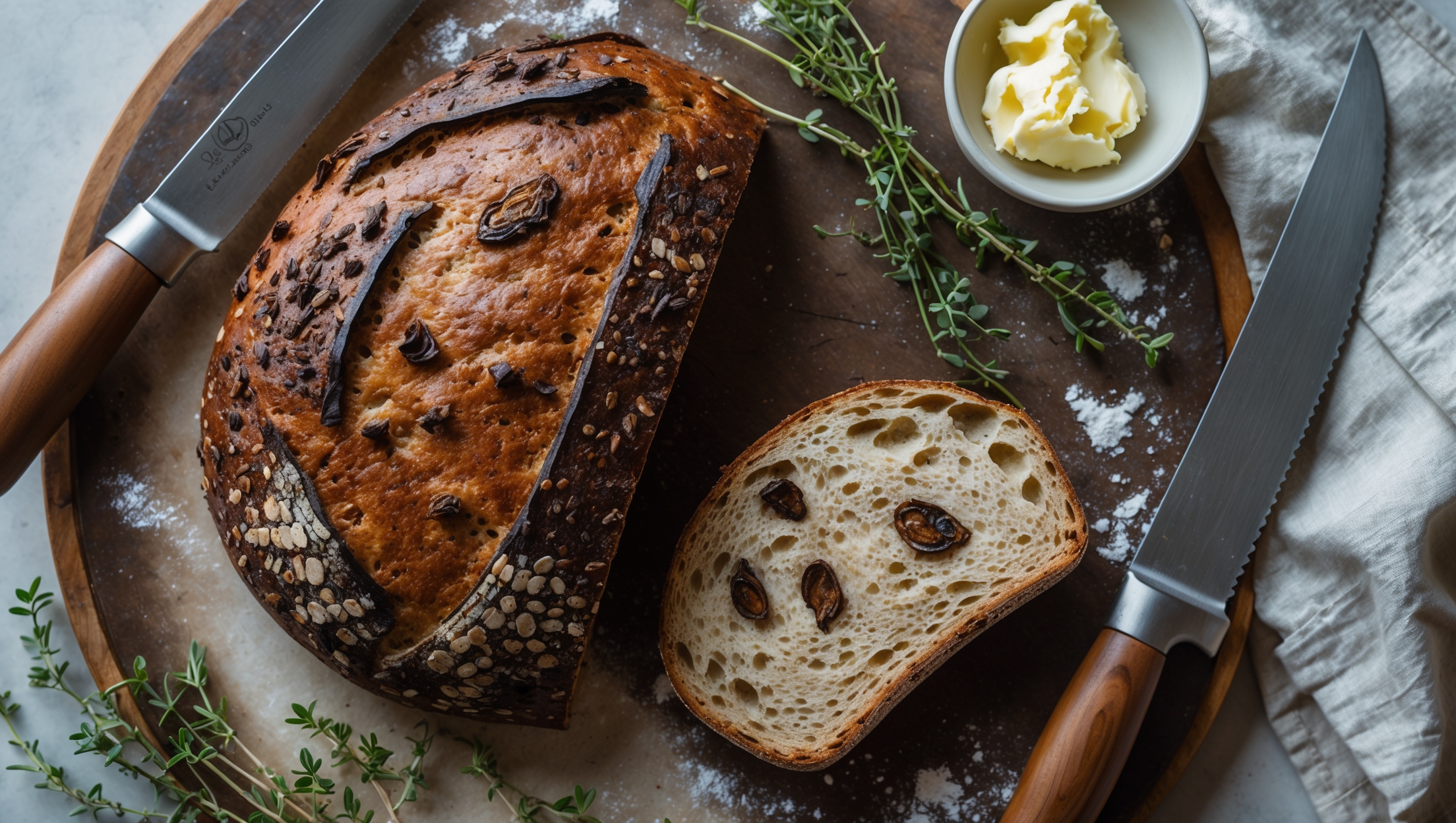 An overhead shot of a rustic Black Garlic and Smoked Flour Savory Loaf with its deeply caramelized crust, sliced to reveal a tender crumb studded with flecks of caramelized black garlic. The loaf rests on a weathered wooden board, with sprigs of fresh thyme and a small dish of cultured butter alongside. Soft natural light streams in from a nearby window, highlighting the bread's textural qualities and varied shades of amber and mahogany. A chef's knife with a wooden handle and a linen cloth with flour dusting complete the composition, enhancing the artisanal, handcrafted feel that matches this uniquely flavored specialty bread.