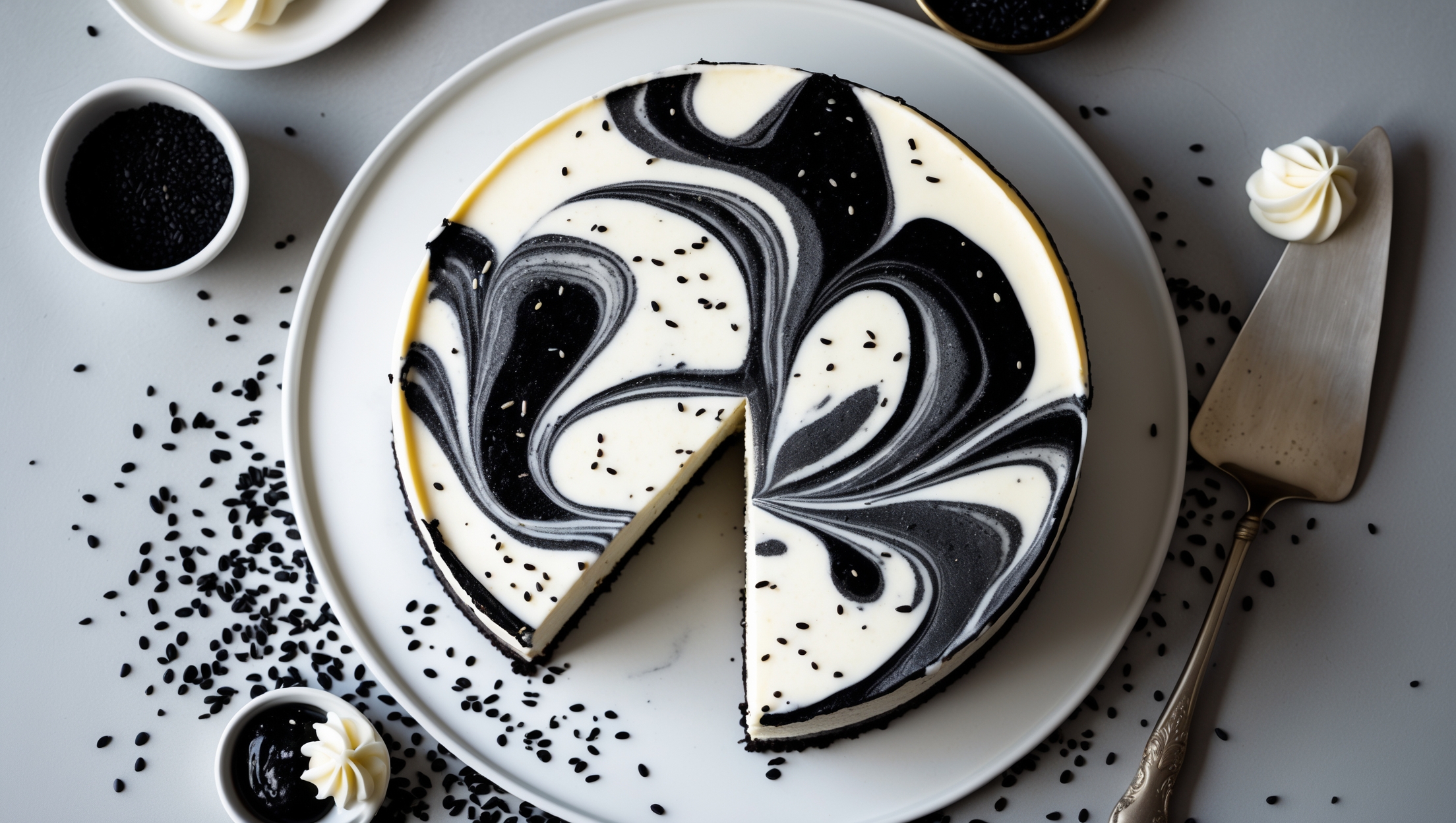 An overhead shot of a striking black and white marbled cheesecake on a minimalist white cake stand. Natural sidelight accentuates the glossy, smooth surface where black sesame paste creates dramatic gray-black swirls against the creamy white background. A single slice has been removed, revealing the perfectly set velvety interior with tiny specks of black sesame seeds throughout. Around the base, scattered whole black sesame seeds contrast against the plate, while a small bowl of black sesame paste sits nearby. The composition is completed with a vintage silver cake server resting alongside the cheesecake and delicate fresh cream quenelles decorating the edge.
