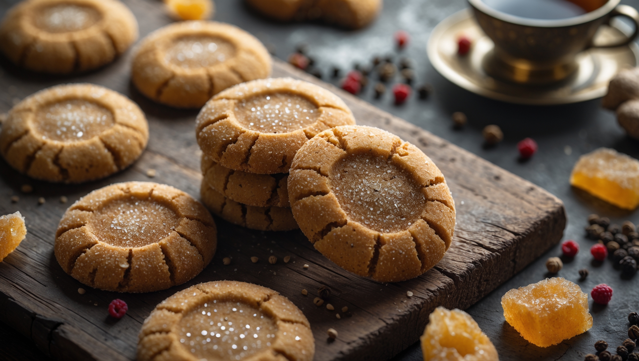 An overhead shot of perfectly round Black Pepper Ginger Cookies arranged on a rustic wooden board, with a few cookies stacked to showcase their slightly cracked tops and golden-brown edges. Soft natural light highlights the sparkle of sugar crystals and tiny specks of black pepper embedded in the rich amber-colored dough. In the background, scattered fragments of crystallized ginger, whole peppercorns, and a vintage spice grinder create context while a steaming cup of tea suggests the perfect pairing. The close-up detail reveals the cookies' perfectly chewy centers contrasting with their crackly exterior, emphasizing their ideal texture balance.