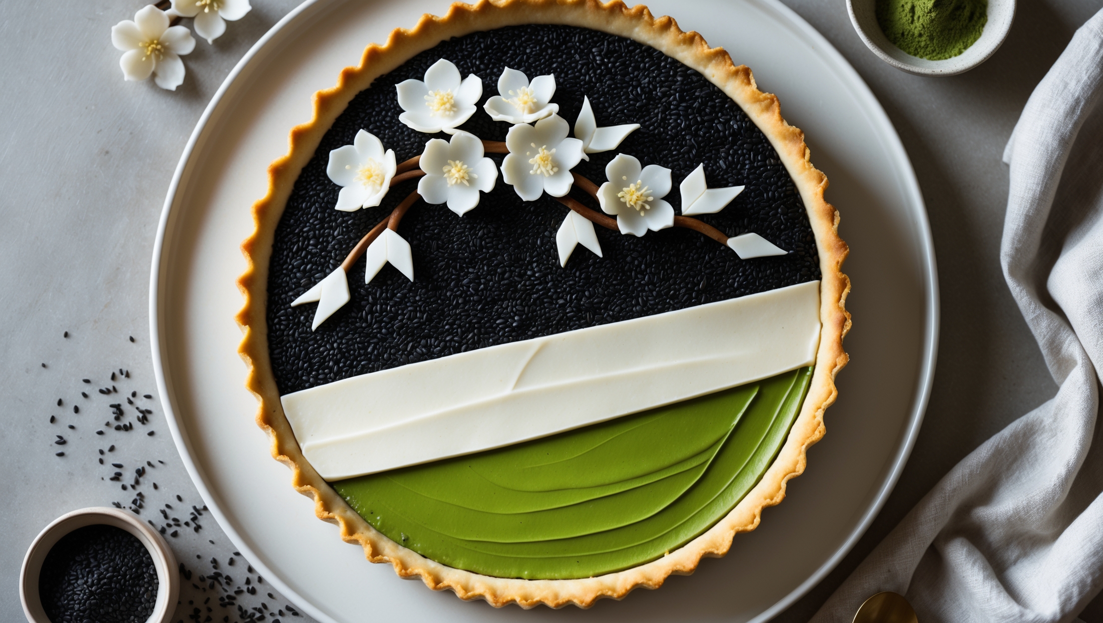 An overhead shot of the Black Sesame and Matcha Layered Cream Pie showcases the striking contrast between the dark gray black sesame layer and vibrant green matcha layer, separated by a thin line of white cream. Natural light illuminates the perfectly executed sugar art decorations that resemble translucent cherry blossoms and geometric shapes arranged artfully on top. A cross-section view reveals the distinct layers nestled in a golden brown, perfectly baked tart crust. The pie sits on a minimalist white ceramic cake stand against a muted linen backdrop, with scattered black sesame seeds and a small bowl of matcha powder adding context to the composition.