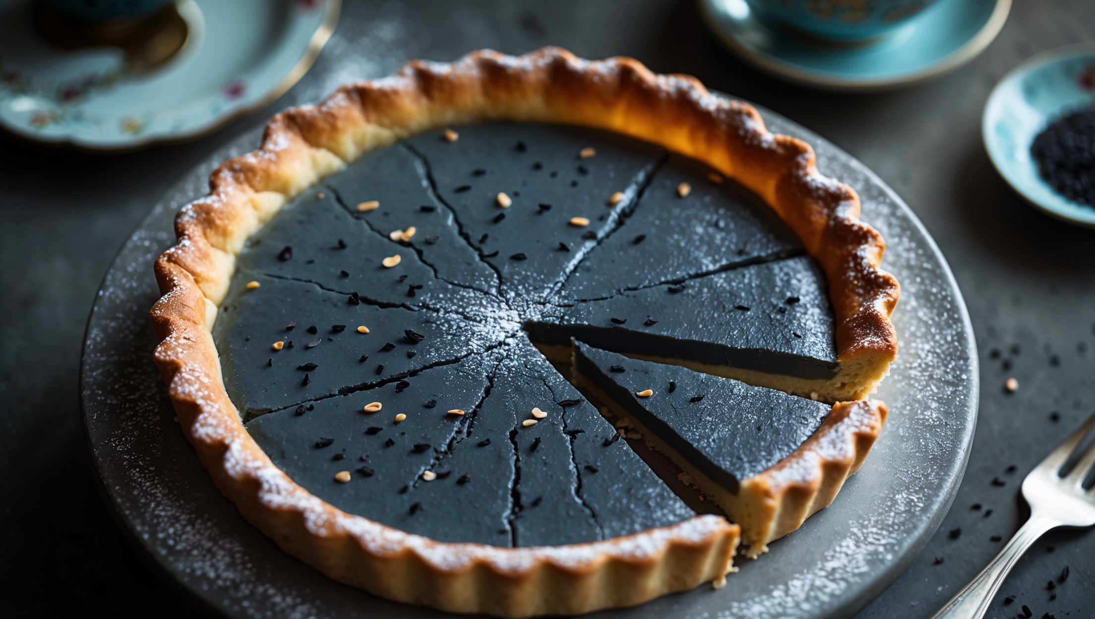 An overhead shot of a perfectly baked black sesame custard tart with its distinctive slate-gray filling contrasting beautifully against the golden brown shortcrust pastry. The surface has a slight sheen under soft natural light, with tiny cracks revealing the silky custard beneath. A delicate dusting of powdered sugar highlights the edges, while scattered black sesame seeds create visual texture. In the background, a vintage cake stand holds the tart, complemented by a small ceramic cup of tea and a cross-section slice revealing the perfect ratio of custard to crust. The moody lighting enhances the dramatic dark filling, while a small silver dessert fork rests alongside, ready for the first delicious bite.
