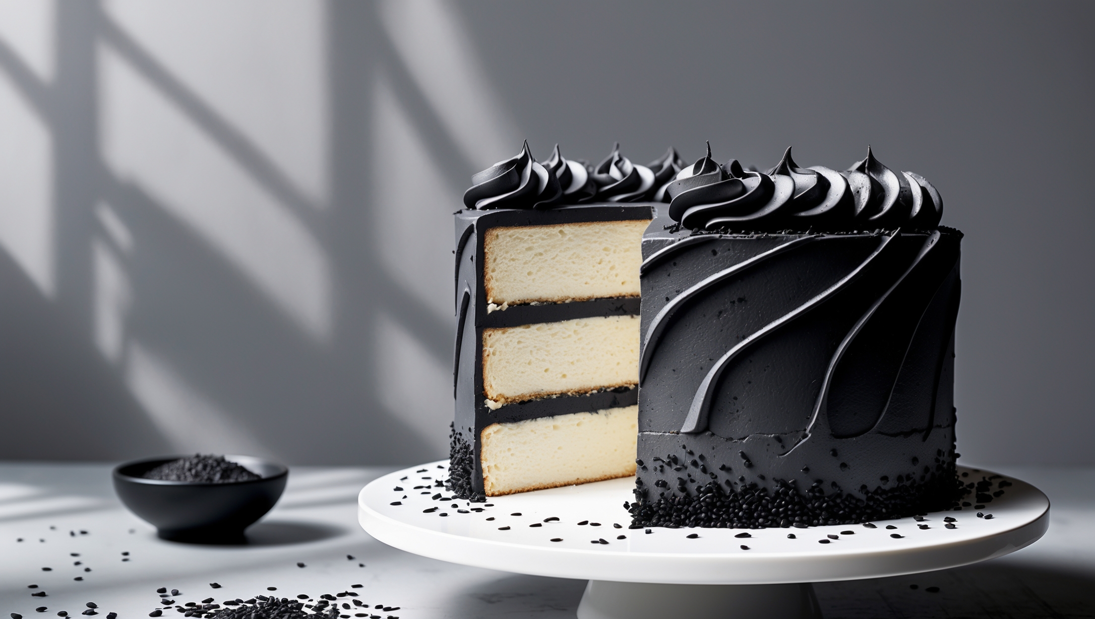 An elegant three-layer cake captured from a slight angle to showcase its dramatic black and white contrast. The exterior features smooth charcoal-colored black sesame buttercream with deliberate textural swoops created by an offset spatula. A cross-section view reveals pristine white cake layers separated by darker frosting. The cake sits atop a minimalist white cake stand against a neutral gray background, with scattered black sesame seeds and a small bowl of whole seeds nearby. Soft natural light casts gentle shadows, highlighting the cake's velvety frosting texture and moist interior crumb.