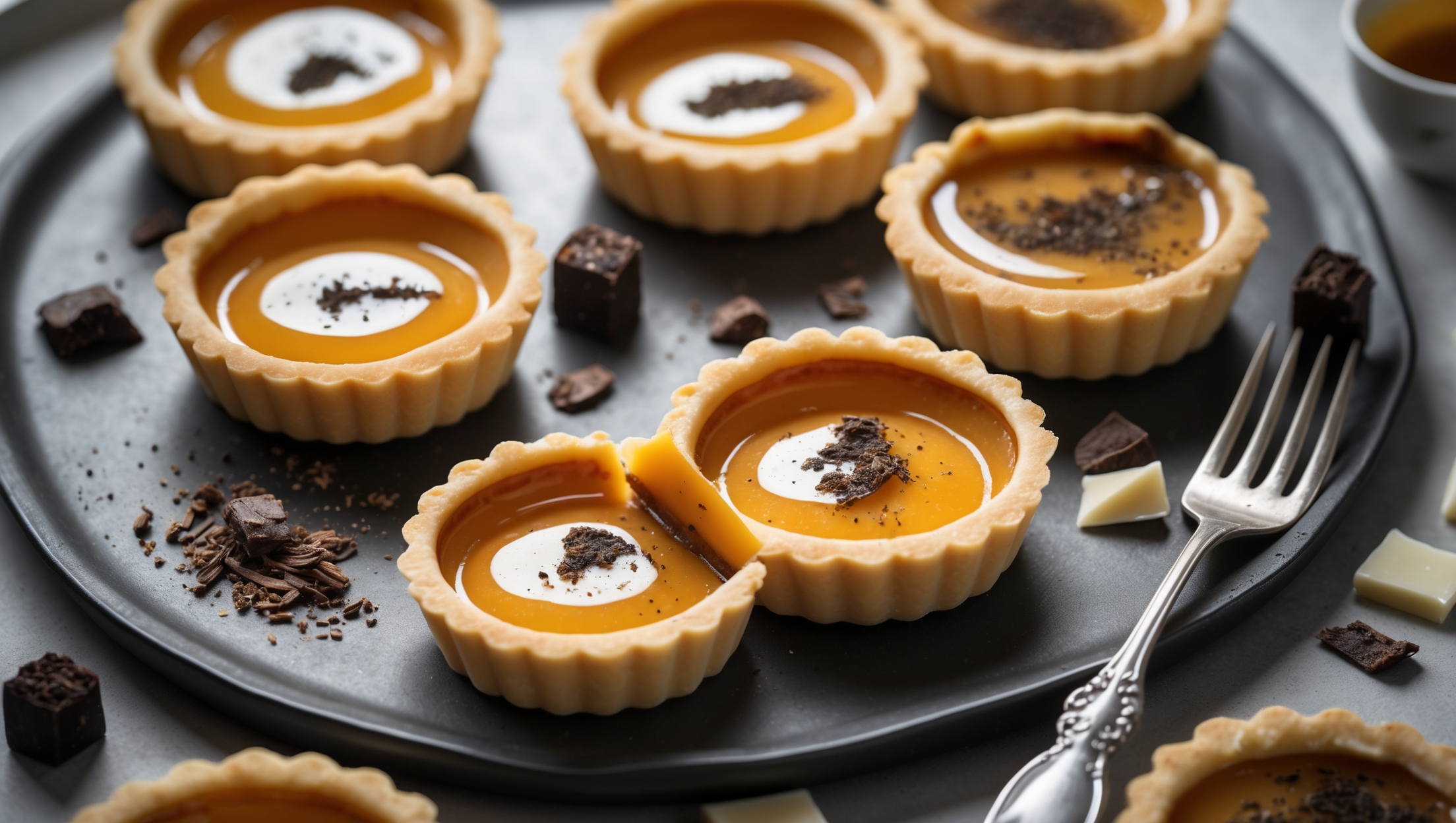 A dramatic overhead shot captures six perfectly golden tart shells arranged on a matte black ceramic platter, their glossy custard centers glistening under soft, diffused window light. A cross-section reveals the contrast between the crisp, buttery pastry and the silky-smooth caramelized custard with tiny flecks of black truffle dispersed throughout. In the foreground, one tart has a delicate slice removed, exposing the velvety interior that holds its shape while appearing irresistibly creamy. Scattered around the composition are shaved black truffle pieces, a small jar of truffle honey, and cocoa-dusted white chocolate curls. A vintage silver dessert fork rests beside one tart, suggesting the imminent pleasure of the first bite.