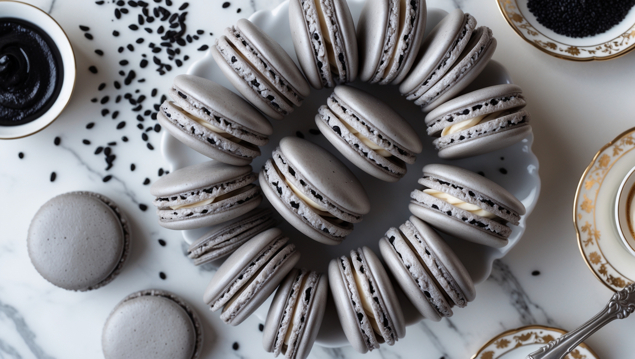 An overhead shot of perfectly formed black sesame macarons arranged in a spiral pattern on a white marble surface, showcasing their distinctive gray shells with smooth, glossy tops and ruffled "feet." A cross-section view reveals the delicate interior texture contrasting with the creamy buttercream filling. Scattered black sesame seeds and a small bowl of black sesame paste add context to the flavor profile. Soft natural light highlights the macarons' subtle sheen, while a vintage silver dessert fork and small espresso cup in the frame suggest an elegant afternoon tea setting.