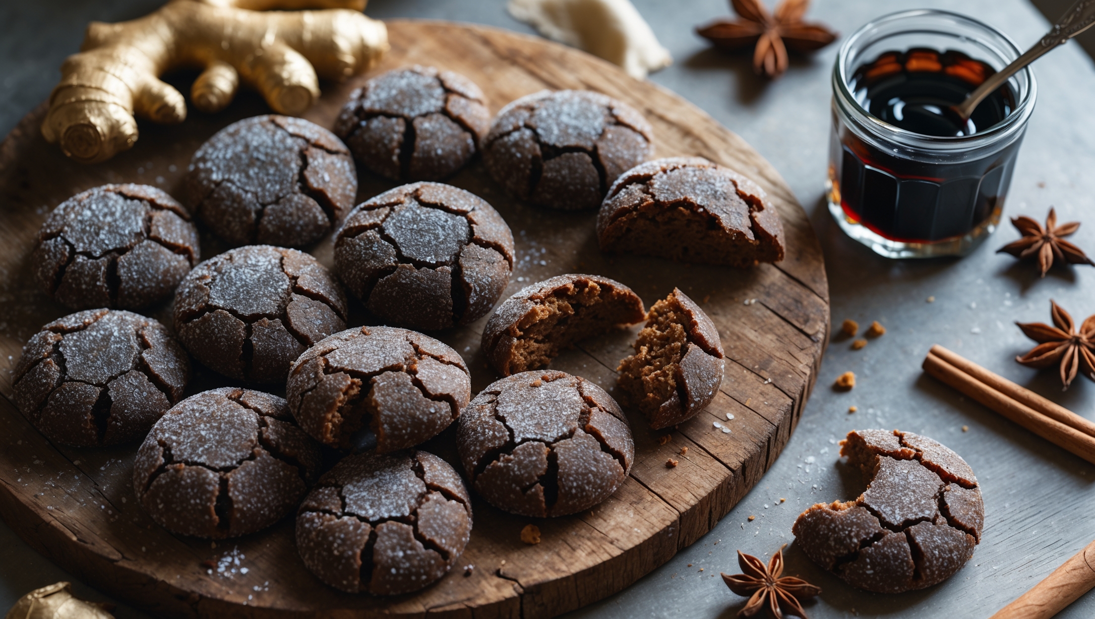 An overhead shot of dark, crackle-topped cookies arranged in a spiral pattern on a weathered wooden board, with a few cookies broken in half to reveal their chewy centers. The deep amber-brown cookies are captured in soft natural window light that highlights their sugar-dusted tops and glistening cracks. A small vintage glass of aged rum sits nearby alongside a jar of black treacle with its characteristic dark drizzle visible on the spoon resting against it. Fresh ginger root, star anise, and cinnamon sticks are artfully scattered around the composition, emphasizing the warming spices in the recipe. A few cookies show perfect bite marks, revealing their perfect balance of crisp exterior and soft, chewy interior.