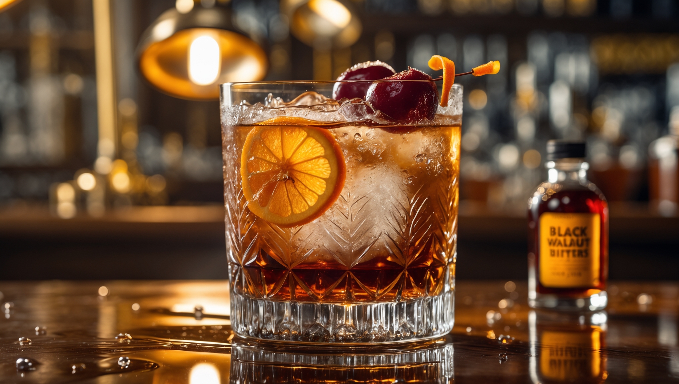 A crystal rocks glass holds a single large ice sphere, its pristine clarity showcasing the deep amber-mahogany hue of the Black Walnut Old Fashioned. Golden light from vintage bar lamps reflects through the cocktail, creating caramel-colored reflections on the polished wooden bar top. Delicate oil patterns swirl across the surface from the expressed orange peel garnish, which rests elegantly on the rim alongside two brandied cherries. Droplets of condensation form on the glass's exterior, catching light like tiny jewels. A small bottle of black walnut bitters sits slightly blurred in the background, hinting at the cocktail's distinctive nutty character.