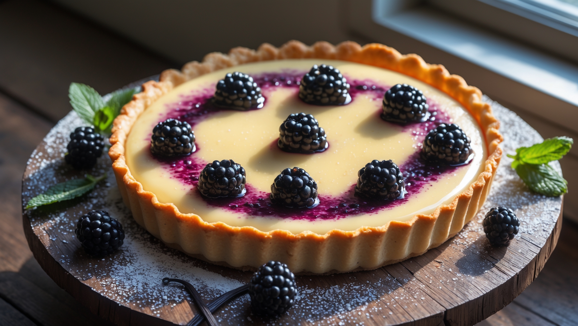 Overhead shot of a perfectly baked blackberry custard tart on a weathered wooden cake stand, natural light streaming through a nearby window highlighting the contrast between the deep purple-black berries and golden custard. A cross-section view reveals the crisp, buttery pastry shell supporting layers of velvety vanilla-flecked custard, with blackberries glistening from their light glaze. Fresh mint leaves and a dusting of powdered sugar add visual interest, while scattered fresh blackberries and vanilla pods surround the tart, suggesting the key ingredients. The custard's smooth surface captures reflections of light, emphasizing its silky texture against the rustic, flaky pastry edge.