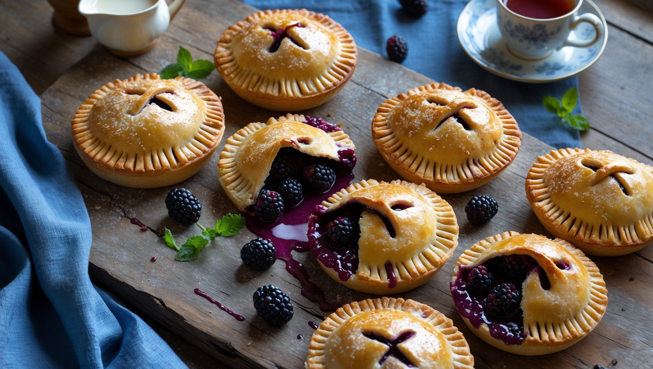 An overhead shot of golden-brown blackberry hand pies arranged on a weathered wooden serving board, with a few strategically placed on vintage blue linen. Natural window light highlights the sugar-dusted, crimped edges and the deep purple filling that bubbles slightly from vents cut into the pastry. A scattering of fresh blackberries and a sprig of mint add vibrant color contrast, while a drizzle of vanilla glaze creates appetizing glossy streaks across some pies. In the background, a small ceramic pitcher of cream and a steaming cup of tea suggest the perfect accompaniment to these rustic, individual pastries.