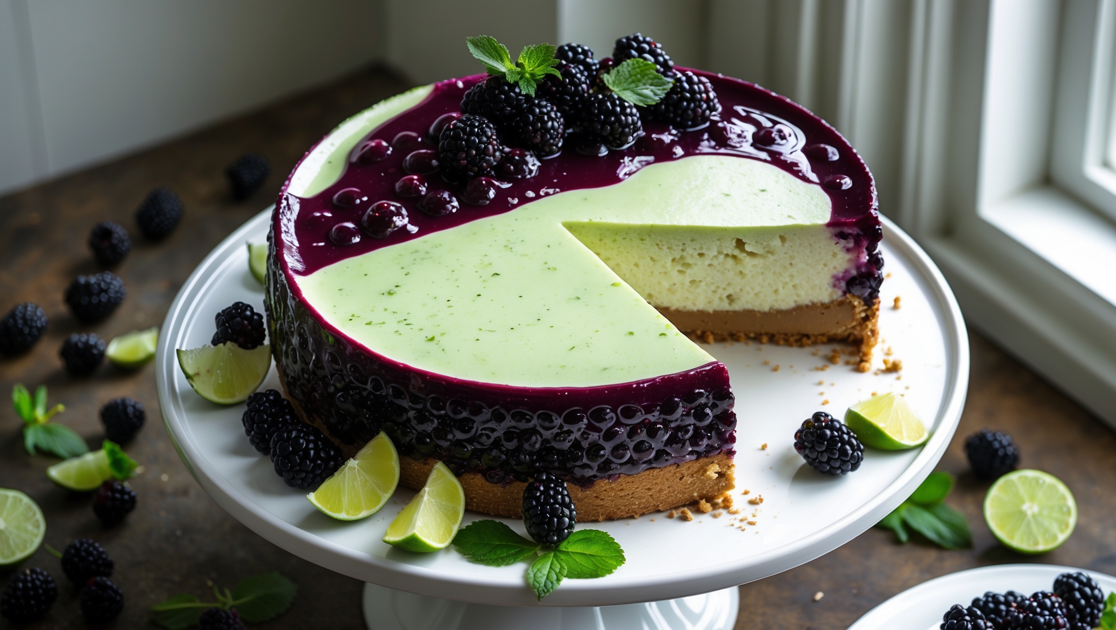An overhead shot of a perfectly set Blackberry Lime Cheesecake on a white ceramic cake stand, its creamy pale green surface topped with a glossy purple-black compote that cascades artfully down one side. Natural light streams in from a nearby window, highlighting the contrast between the silky lime-flecked filling and the dark, jewel-toned berries. A cross-section view reveals the buttery graham cracker crust, the lime-speckled filling, and the generous layer of blackberry topping. Scattered fresh blackberries, lime slices, and mint leaves decorate the serving plate, while a slice being lifted shows the luscious, dense texture of the perfectly baked cheesecake.