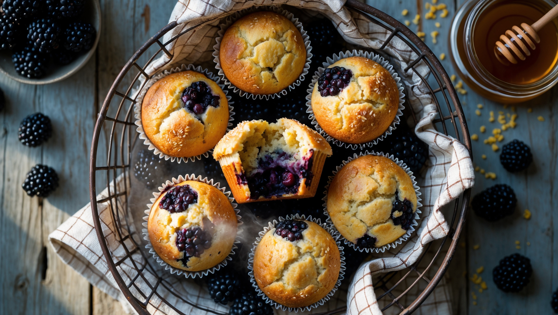 An overhead shot captures a vintage wire basket lined with checkered cloth holding several golden-topped blackberry cornmeal muffins, with one broken in half to reveal a moist, yellow crumb studded with purple-black berries. Soft morning light streams across the scene, highlighting the sugar-sprinkled tops that glisten against their rustic, slightly craggy texture. Fresh blackberries and scattered cornmeal surround the basket on a weathered wooden table, while a small jar of honey with a wooden dipper waits nearby, suggesting the perfect accompaniment. Steam gently rises from the freshly-baked muffins, emphasizing their warmth and homemade appeal.