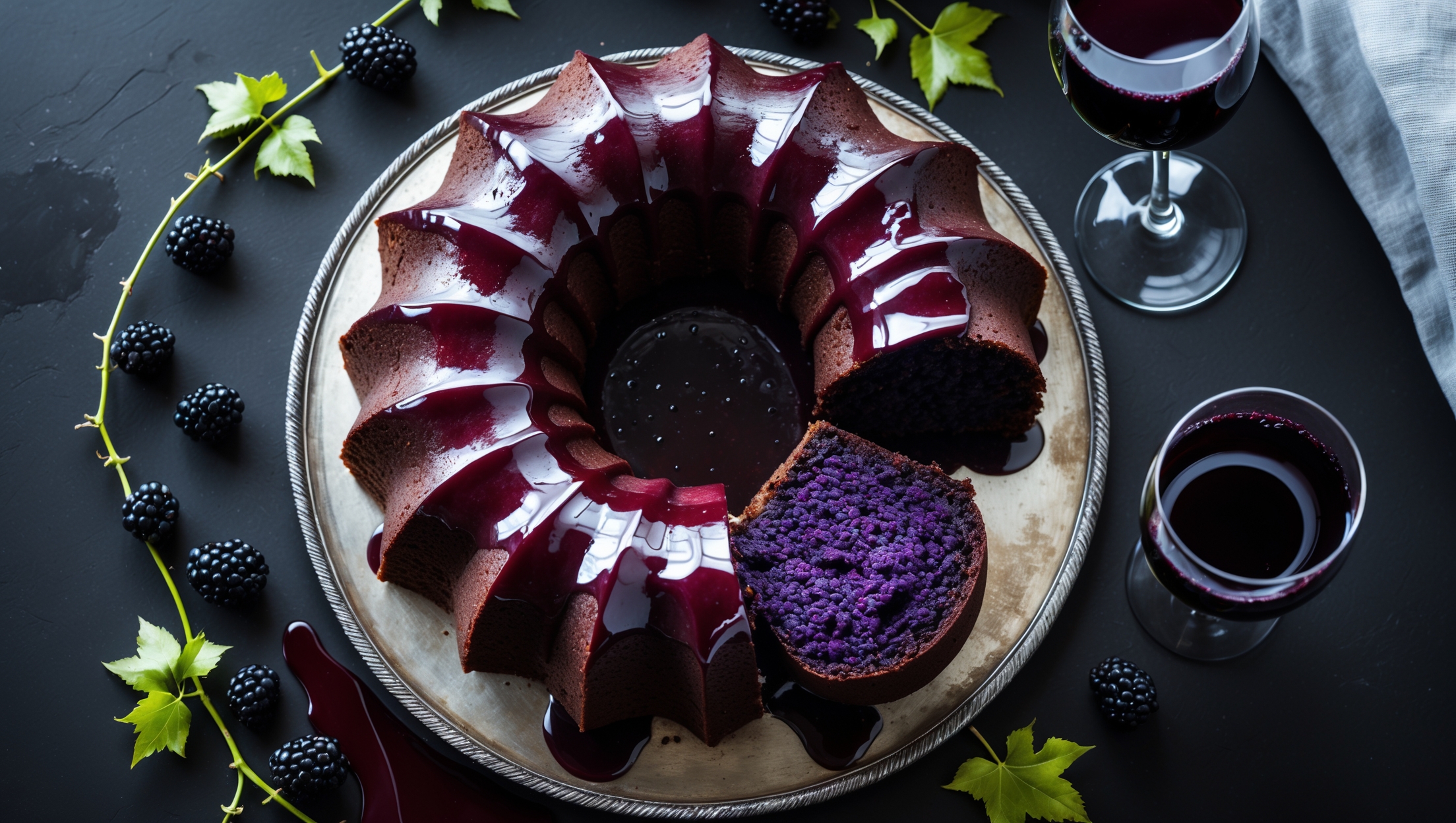 Overhead shot of a deeply-hued bundt cake with architectural ridges, glazed with a glossy cabernet reduction that drips elegantly down the sides. The cake sits on a vintage silver cake stand against a dark backdrop, with fresh blackberries and vine leaves artfully scattered around. A cross-section view reveals the cake's purple-tinged, moist crumb studded with whole blackberries. Natural window light catches the glaze's shine, while a glass of cabernet sauvignon sits alongside, creating color harmony with the wine-infused cake.