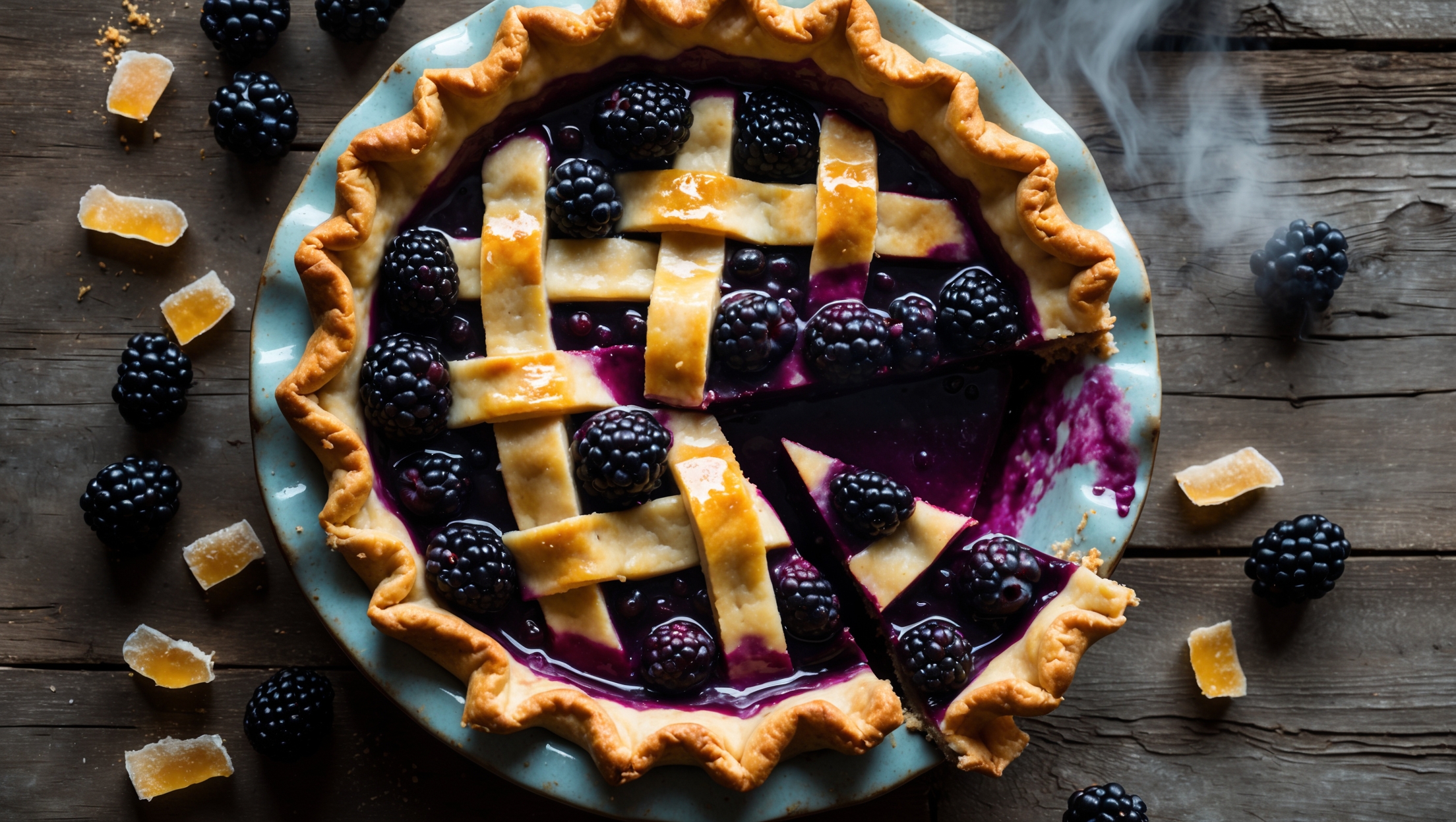 An overhead shot of a rustic Blackberry Ginger Pie with a lattice top crust, baked to golden perfection with deep purple filling bubbling through the gaps. Captured in soft natural light on a weathered wooden table, the pie sits on a vintage ceramic plate with tendrils of steam still visible. A scattering of fresh blackberries and crystallized ginger pieces surround the pie, while a single slice has been removed to reveal the jewel-toned filling studded with whole berries. The contrast between the golden-brown crust and the rich purple filling creates a stunning visual appeal, with flecks of ginger visible throughout the glossy, slightly thickened berry mixture.