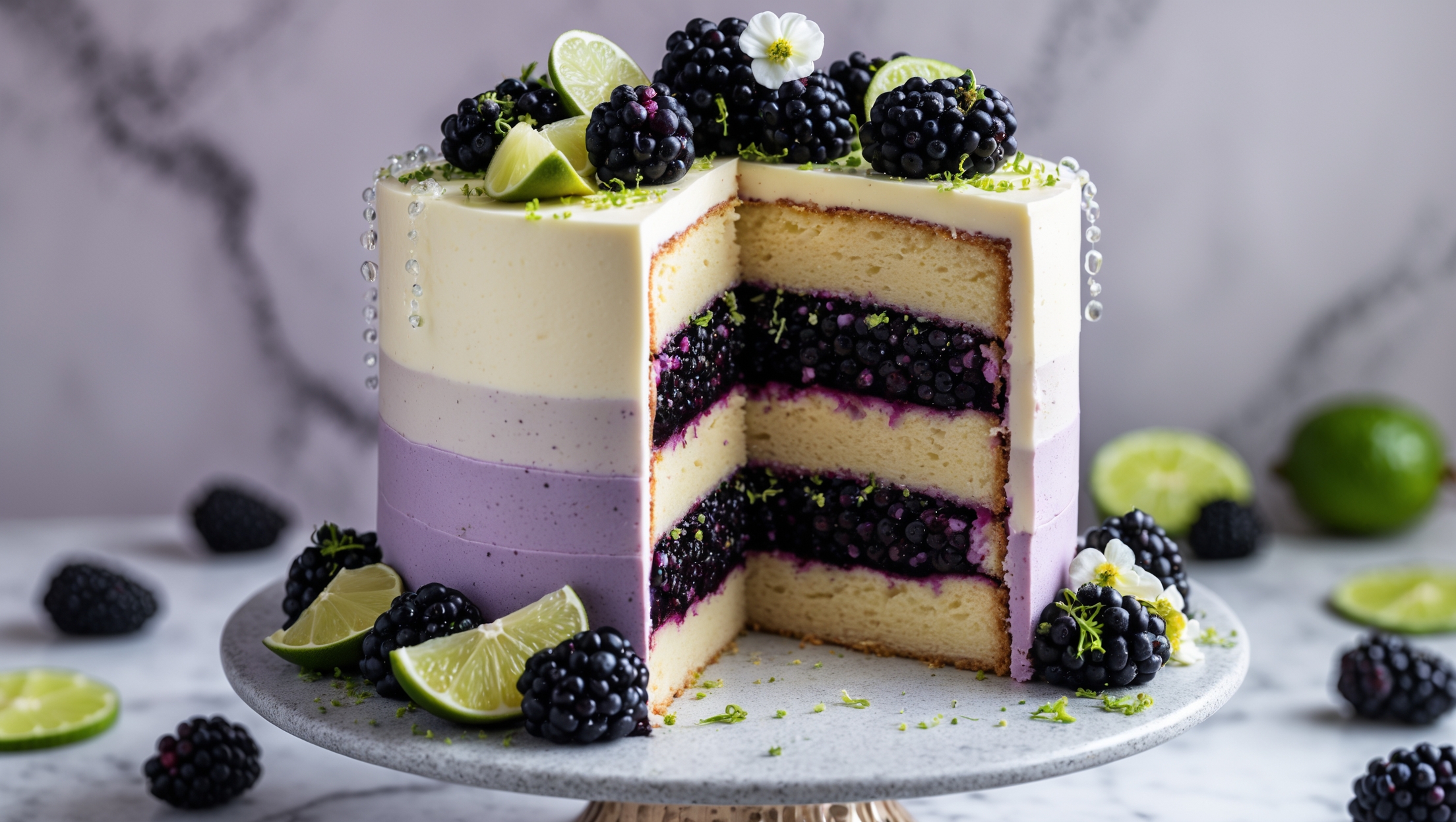 An elegant three-layer cake captured in soft natural light against a pale marble backdrop, showcasing a cross-section view that reveals vivid purple blackberry compote nestled between lime-flecked sponge layers. The exterior features smooth cream cheese frosting with a gentle ombré effect, transitioning from white to pale lavender, adorned with fresh blackberries, lime zest, and edible flowers. Condensation beads on plump berries create a striking contrast against the cake's matte finish, while a vintage cake stand elevates the composition, with scattered fresh blackberries and lime wheels creating a naturally styled border.