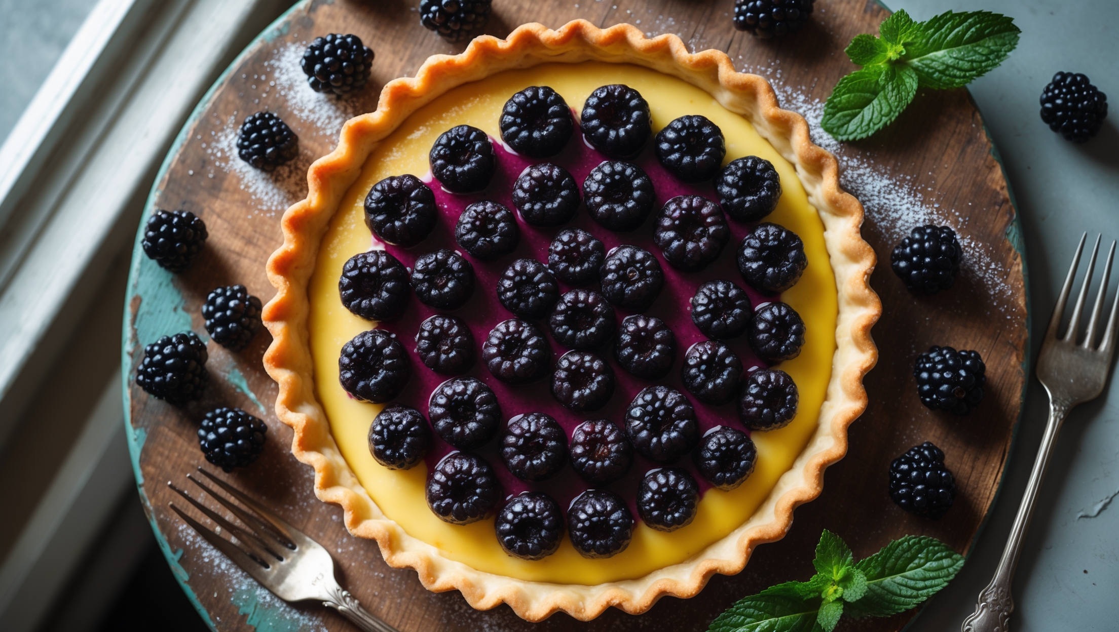 An overhead shot of a perfectly golden blackberry tart on a weathered wooden serving board, with soft natural light streaming through a nearby window. The cross-section reveals a buttery, crisp pastry base supporting jewel-toned blackberries arranged in concentric circles, their deep purple juices mingling with the pale yellow custard beneath. A light dusting of icing sugar creates a delicate contrast against the glossy glazed berries, while a sprig of fresh mint adds a pop of vibrant green. Surrounding the tart are scattered fresh blackberries and vintage silver dessert forks, suggesting an elegant afternoon tea setting.