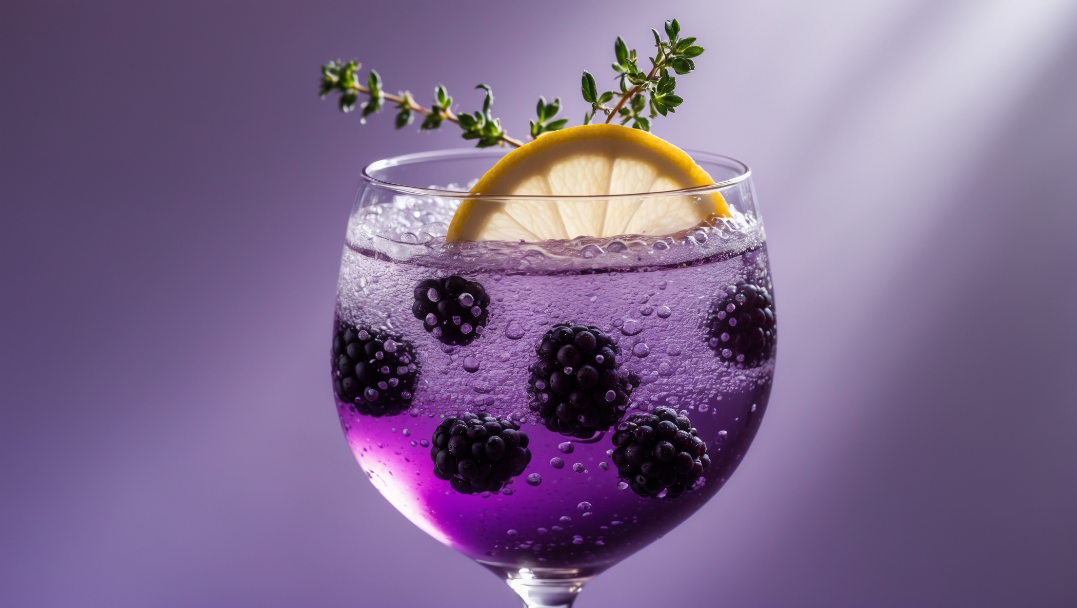 A macro shot of a blackberry thyme spritz mocktail in a crystal wine glass with delicate stems, capturing bubbles rising through the gradient purple liquid. Bright natural daylight illuminates the vibrant purple hue transitioning to lighter lavender at the top. Suspended blackberries create visual depth while a sprig of fresh thyme extends over the rim, creating an elegant aromatic garnish. Condensation beads on the outside of the glass suggest refreshing coolness, with crushed ice visible beneath fresh blackberries just below the surface. A thin lemon wheel floats on top, providing citrus color contrast against the deep purple base.