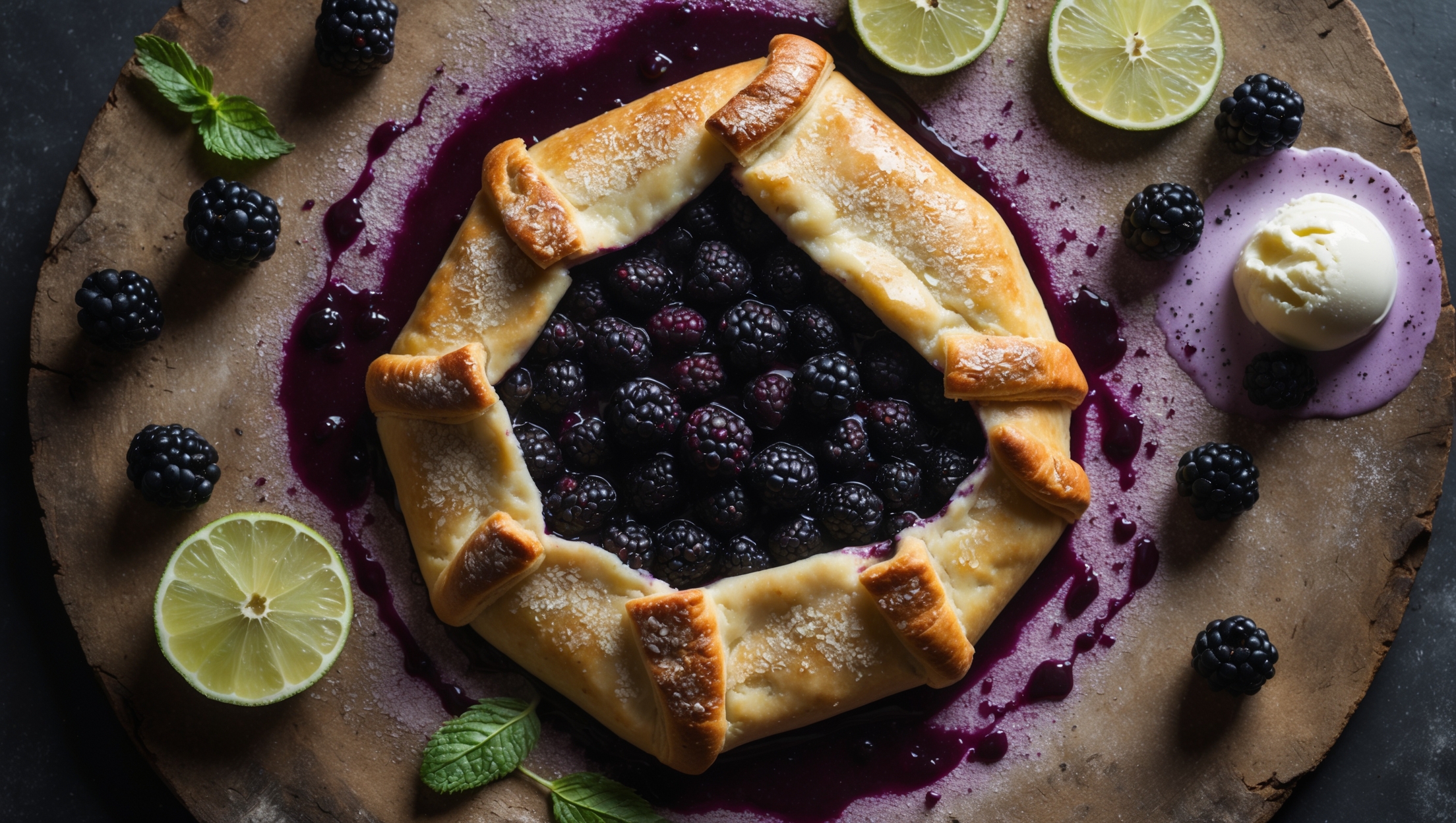 An overhead shot of the rustic blackberry lime galette on a weathered wooden board, its irregular edges folded over glossy purple-black berries that bubble slightly at the center. Soft natural light highlights the golden, flaky pastry crust dusted with coarse sugar crystals that sparkle against the dark filling. A cross-section view reveals the contrast between the crisp pastry layers and the jammy blackberry filling. Scattered fresh blackberries, lime slices, and mint leaves surround the galette, while a dollop of vanilla ice cream slowly melts against the warm pastry, creating enticing steam wisps. The vibrant purple juice from the berries creates artistic trails across the crust, emphasizing the handcrafted, imperfect beauty of this seasonal dessert.