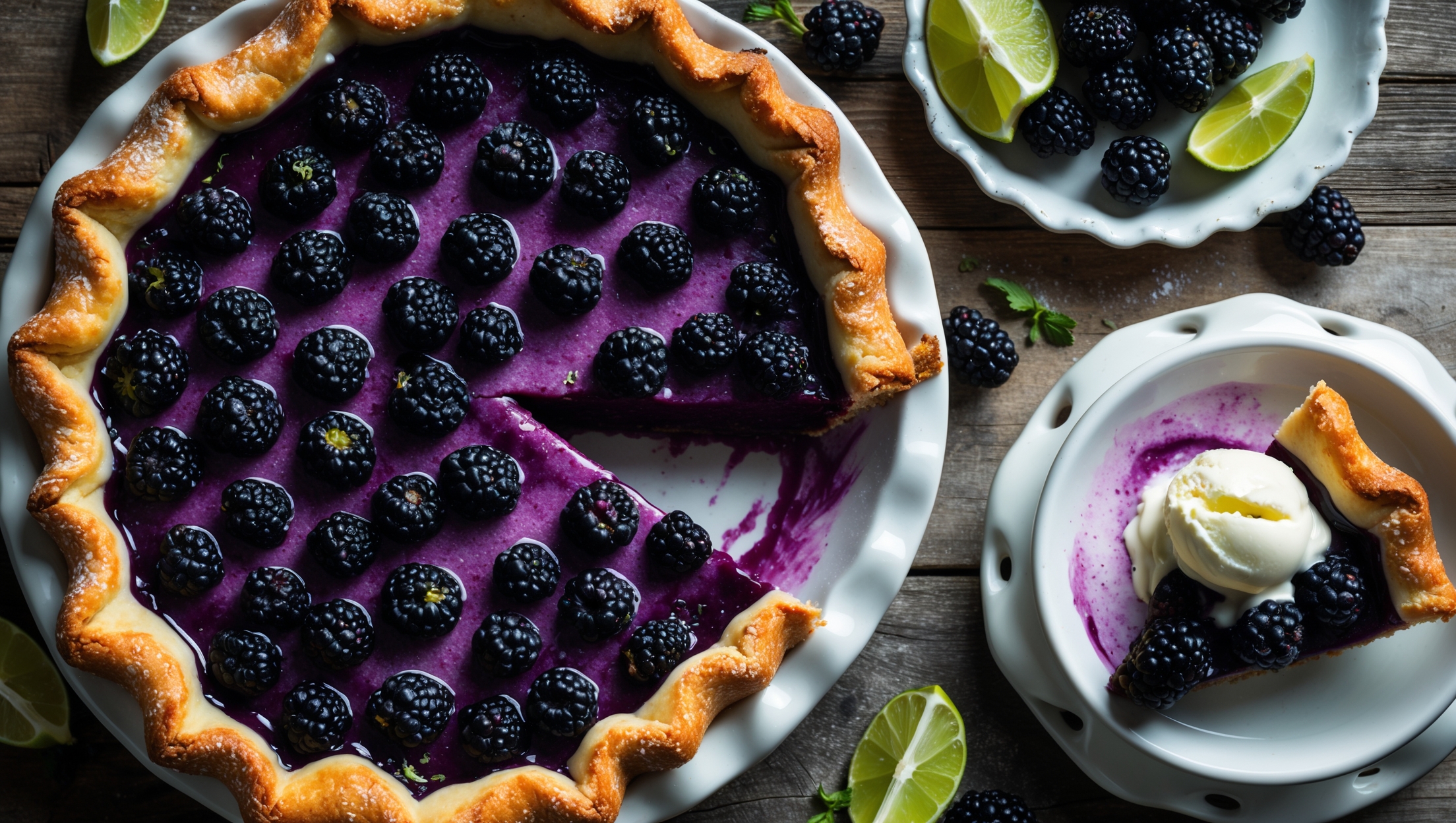 An overhead shot of the Blackberry Lime Pie showcases its lattice crust with golden-brown edges, giving way to glimpses of the deep purple filling bubbling through the gaps. Soft natural light highlights the sugar-sprinkled pastry and the glossy blackberry filling. A cross-section view reveals layers of plump blackberries suspended in a vibrant purple-hued filling with tiny flecks of lime zest. The pie sits on a vintage white ceramic stand against a rustic wooden table, with fresh blackberries and lime wedges scattered artfully around the base, alongside a scoop of melting vanilla ice cream slowly pooling beside a perfectly cut slice.