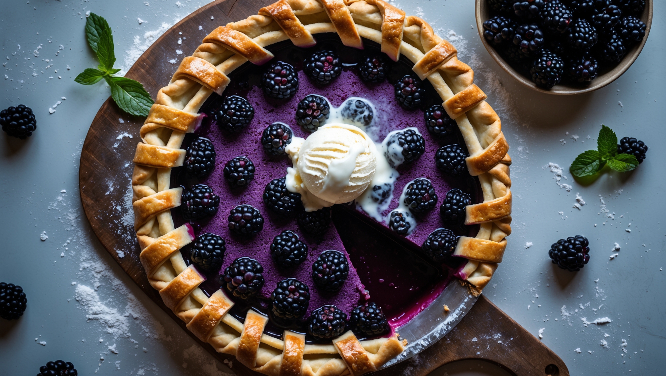 Overhead shot of a golden-brown blackberry pie with a lattice top crust, juice bubbling through the woven pastry strips. A slice has been removed, revealing the deep purple filling that holds its shape without being runny. The pie rests on a weathered wooden serving board dusted with flour, with scattered fresh blackberries and mint leaves surrounding it. Soft natural light streams from a side window, highlighting the sugar-crusted top that sparkles against the rich, dark filling. A scoop of vanilla ice cream melts slowly alongside the still-warm slice, creating an inviting scene that captures the essence of homemade comfort.