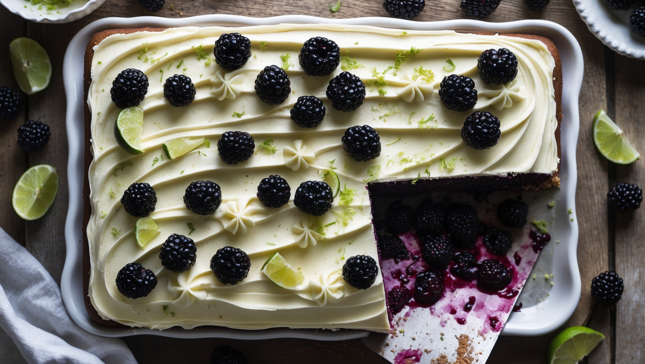 An overhead shot of a perfectly baked rectangular sheet cake with a smooth, cream-colored frosting swirled with artistic peaks and valleys. Plump blackberries dot the surface, some slightly sinking into the frosting, while lime zest creates delicate green flecks throughout. A corner slice has been removed, revealing the cake's moist interior studded with jammy pockets of baked blackberries. The cake rests on a white ceramic platter positioned on a rustic wooden table, with scattered fresh blackberries and lime wedges surrounding it. Soft natural light streams in from a side window, highlighting the glistening berries and casting a gentle glow on the cake's inviting texture.