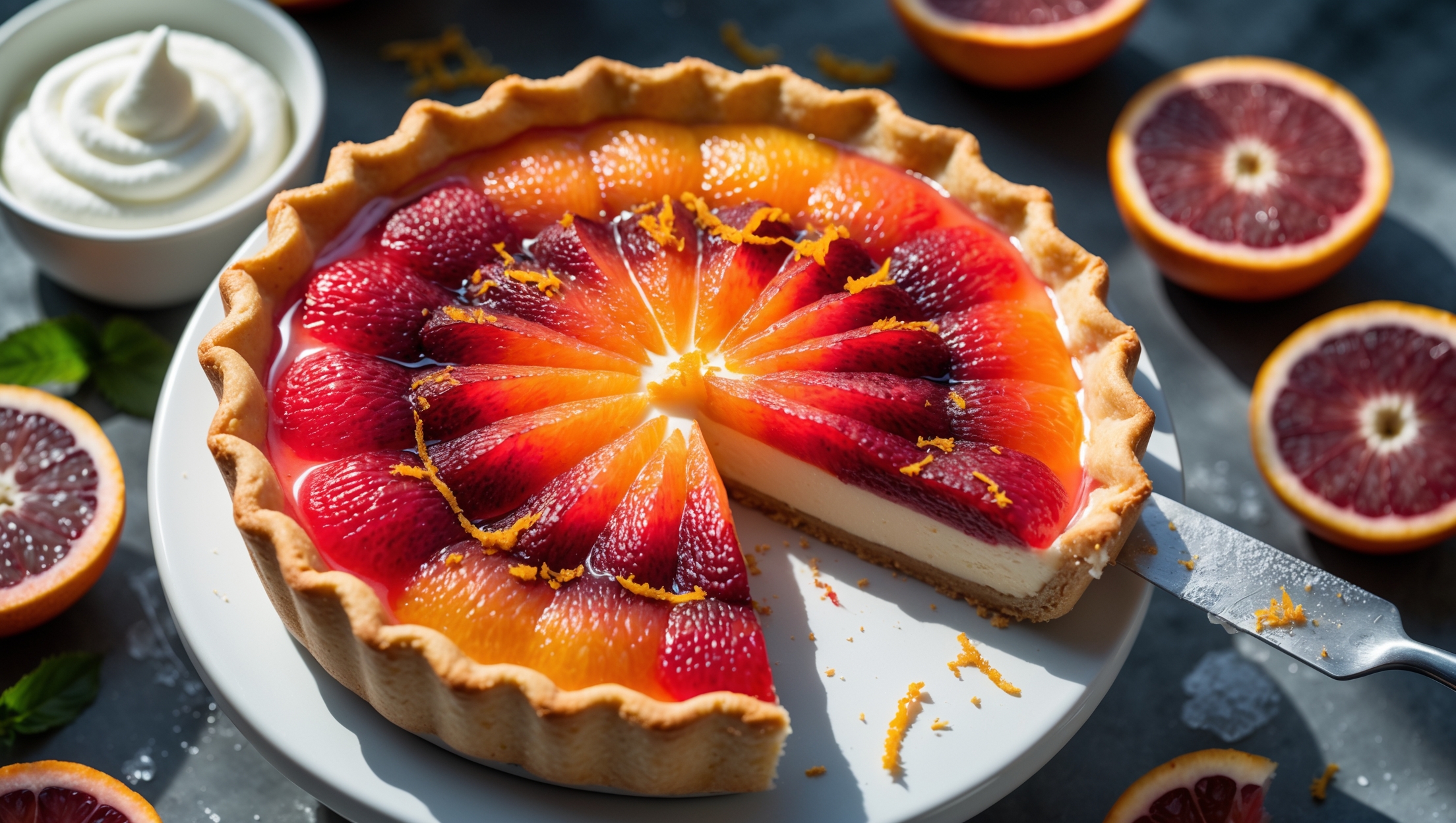 An overhead shot of a sliced blood orange cream pie reveals its stunning gradient of sunset-orange to ruby-red filling, contrasted against a golden brown, flaky crust. Natural light streams across the scene, illuminating the pie's glossy surface where delicate blood orange segments and candied zest create a decorative pattern. The pie sits on a white ceramic cake stand with thin slices being lifted to show the perfect consistency of the filling. In the background, halved blood oranges display their characteristic marbled flesh, while a small bowl of whipped cream waits nearby. The styling includes scattered citrus zest and a sprig of fresh mint, with condensation forming on the knife blade, suggesting the cool, refreshing nature of this dessert.