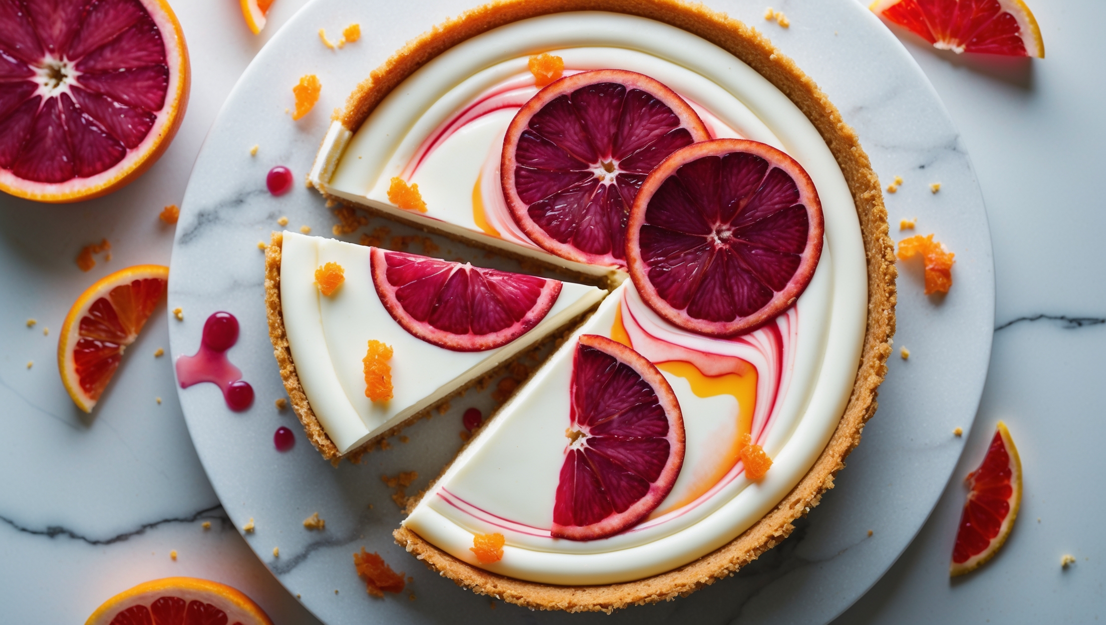 Overhead shot of a pristine blood orange cheesecake, its creamy white surface marbled with striking ruby-red blood orange swirls. The cross-section reveals a perfect contrast between the golden cookie base, cloud-like filling, and jewel-toned blood orange layer on top. Photographed in soft natural light on a white marble surface with fresh blood orange segments and zest scattered artfully around the base. A slice being lifted away shows the perfect clean-cut texture, with a glistening drizzle of blood orange syrup cascading down the side, highlighting the cheesecake's velvety consistency.