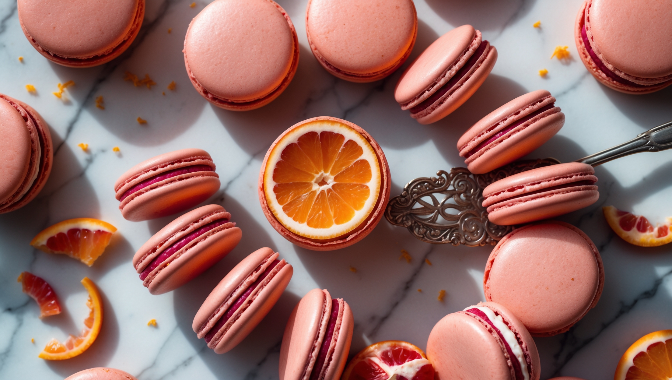 An overhead shot of perfectly formed blood orange macarons arranged in a spiral on a white marble surface, their shells a delicate pink-orange gradient reminiscent of sunset. A cross-section close-up reveals the distinctive macaron "feet" and smooth blood orange buttercream filling. Natural window light highlights the glossy, unblemished tops while casting subtle shadows that emphasize their perfect dome shape. Fresh blood orange segments and zest are artfully scattered around the composition, with a vintage silver cake server holding one macaron, ready to be enjoyed. A soft focus on background macarons creates depth, while maintaining sharp detail on the hero macaron in the foreground, showcasing its vibrant filling and airy interior.