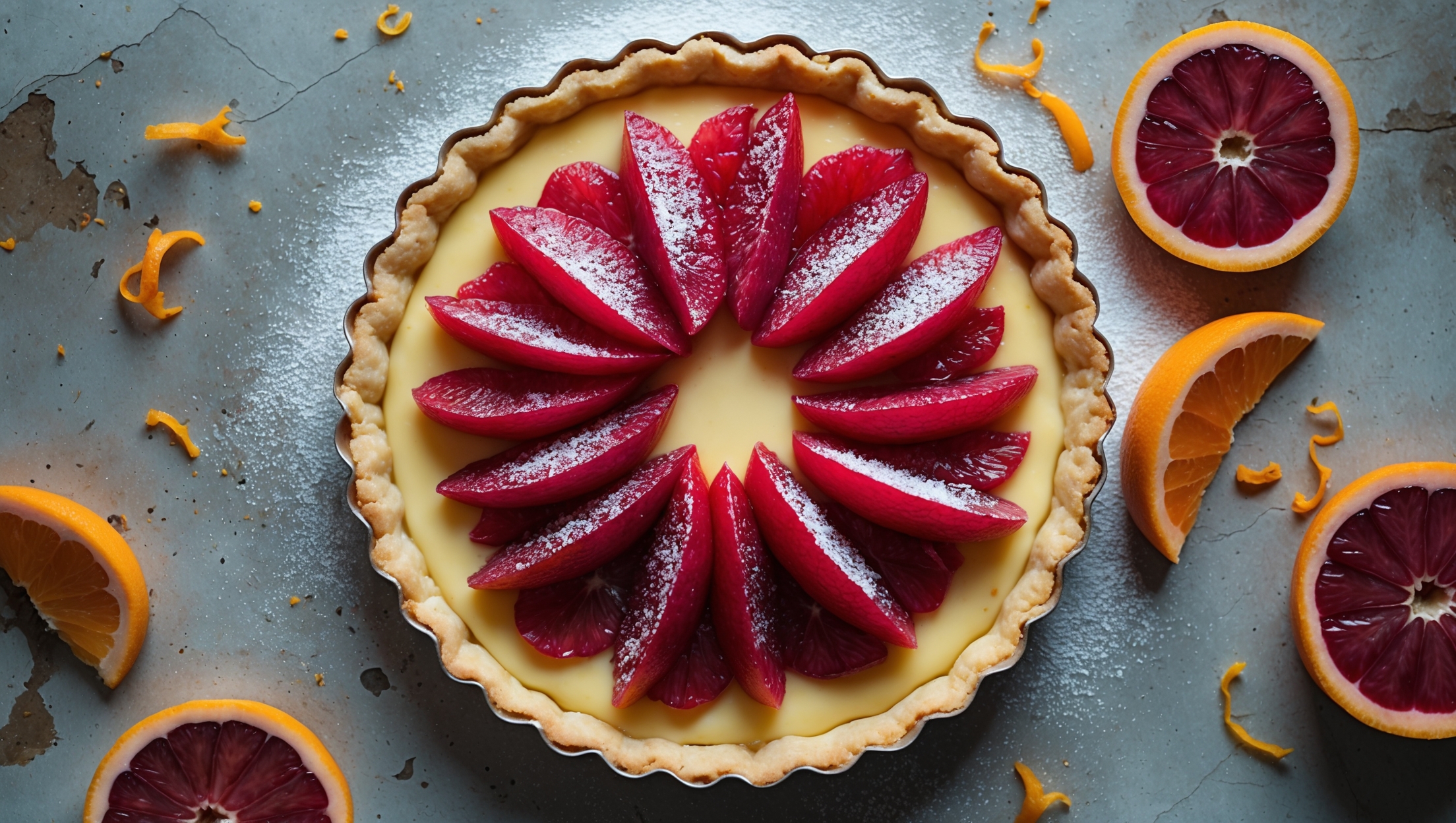 An overhead shot captures this stunning blood orange custard tart on a weathered marble surface, where the vivid ruby-red blood orange segments arranged in a spiral pattern contrast beautifully with the pale golden custard beneath. Natural window light accentuates the glossy finish of the tart, highlighting the caramelized edges of the perfectly golden shortcrust pastry. A dusting of powdered sugar creates delicate contrast against the bright citrus, while scattered zest and a few fresh blood orange wedges frame the composition. The cross-section reveals the distinct layers: crisp, buttery pastry, luscious custard with flecks of orange zest, and the glistening jewel-toned fruit arranged artfully on top.